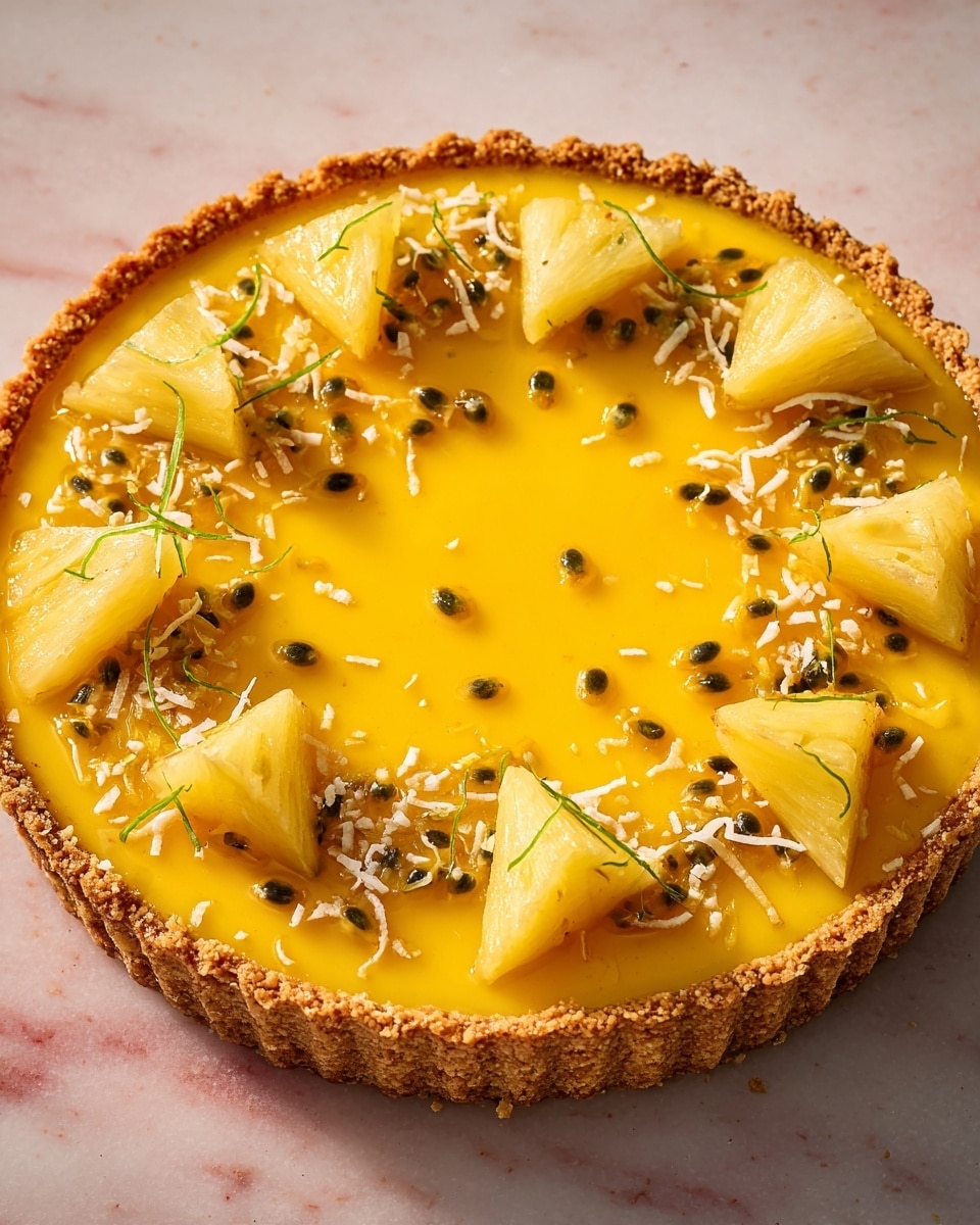 A round tart with a thick, crumbly light brown crust forms the base. Inside the crust is a smooth, bright yellow filling that covers the whole tart. On top, arranged evenly around the edge, are thin triangular slices of light yellow pineapple. Scattered on the pineapples and filling are small black passion fruit seeds and thin green lime zest strips. White shredded coconut is sprinkled lightly over the top. The tart is placed on a white marbled texture with warm sunlight creating soft shadows. photo taken with an iphone --ar 4:5 --v 7