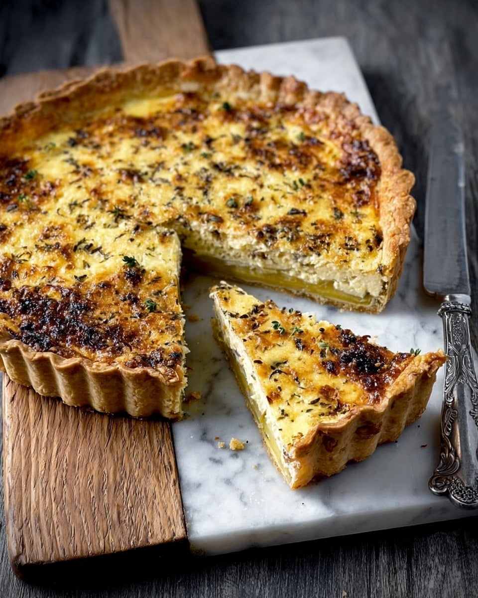 A golden brown quiche with a thick crust that holds a creamy, lightly browned filling. The top layer shows specks of black pepper and small browned spots, giving a textured appearance. Two triangular slices are cut out and lie slightly separated from the main round quiche, revealing a moist interior with visible bits of green vegetables such as zucchini or leeks embedded within the creamy filling. The quiche rests on a rustic wooden board, and a knife with a silver handle lies next to it. The background is a white marbled surface. photo taken with an iphone --ar 4:5 --v 7