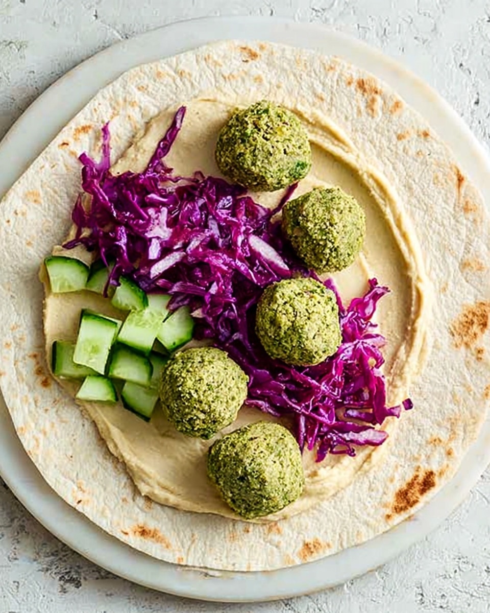 A white tortilla lies flat with a layer of smooth, creamy beige hummus spread evenly over it. On one side, there is a neat pile of thin, shredded bright purple cabbage adding a fresh, crisp texture. Near the cabbage, five round, slightly rough-textured, green falafel balls are placed in a loose cluster, showcasing their herb-filled interiors. Small cubes of pale green cucumber are scattered near the bottom edge of the falafel, adding a fresh crunch. The tortilla rests on a white marbled surface. Photo taken with an iphone --ar 4:5 --v 7