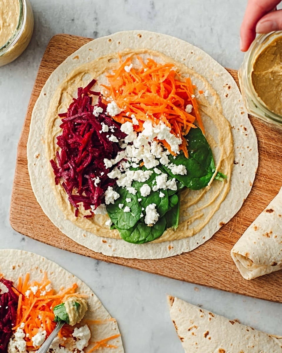 A white flat tortilla lies flat on a white marbled surface, spread with a smooth, light beige layer of hummus covering most of it. On top, from left to right, there is a layer of dark red shredded beets, a layer of bright orange shredded carrots in the middle, and fresh dark green spinach leaves on the right side. Small white pieces of crumbled cheese are scattered over the vegetables. To the right side, two white plates rest on the white marbled surface, one with a folded wrap showing colorful filling inside, and the other with a half-eaten wrap. At the bottom right corner, there is a glass jar filled with light beige hummus, and at the bottom left, a white spoon is placed over the edge of the tortilla. A woman's hand is partly visible holding the spoon. photo taken with an iphone --ar 4:5 --v 7