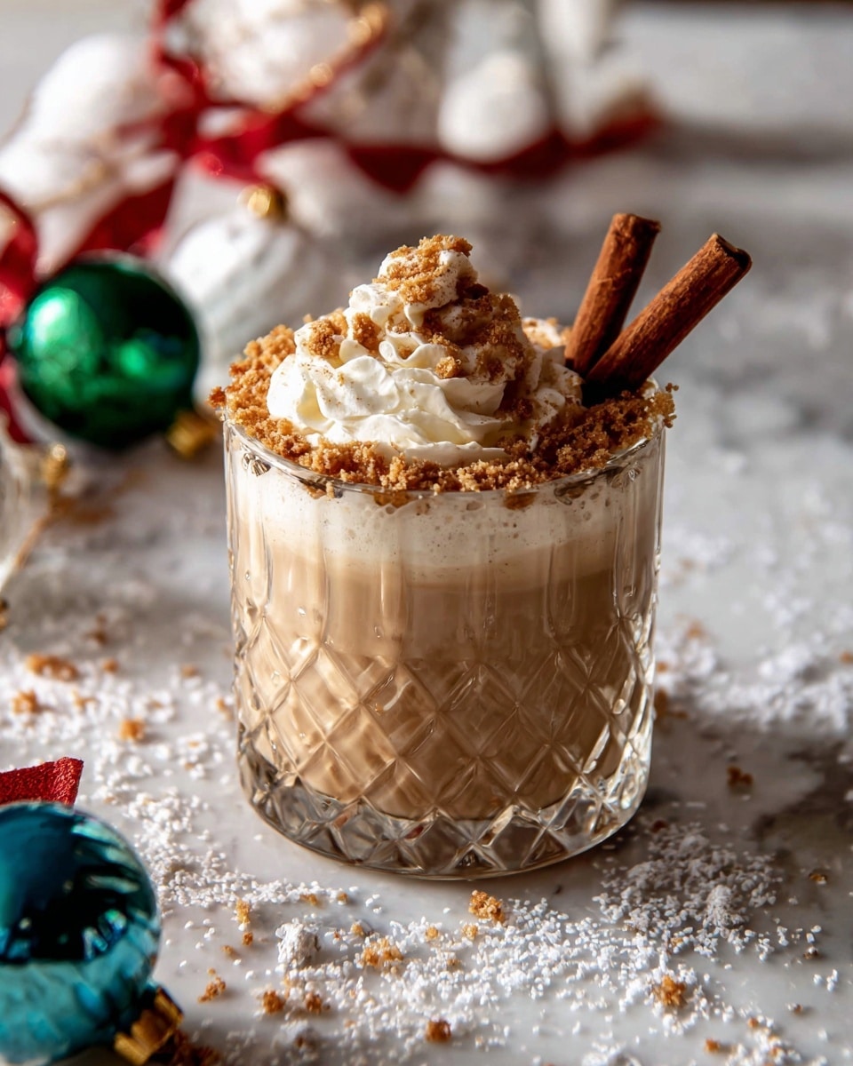 A clear glass with a diamond cut pattern holds a creamy beige drink filled almost to the top, with a generous layer of thick whipped cream on its surface. The whipped cream is topped with crumbled brown spice pieces and a cinnamon stick inserted on the right side. The glass sits on a white marbled surface scattered with coarse white sugar crystals and additional brown crumbs. Around the glass are small round Christmas ornaments decorated with red and white stripes and beads, adding a festive feel. In the blurry background, there is another similar glass and some green and gold decoration. photo taken with an iphone --ar 4:5 --v 7