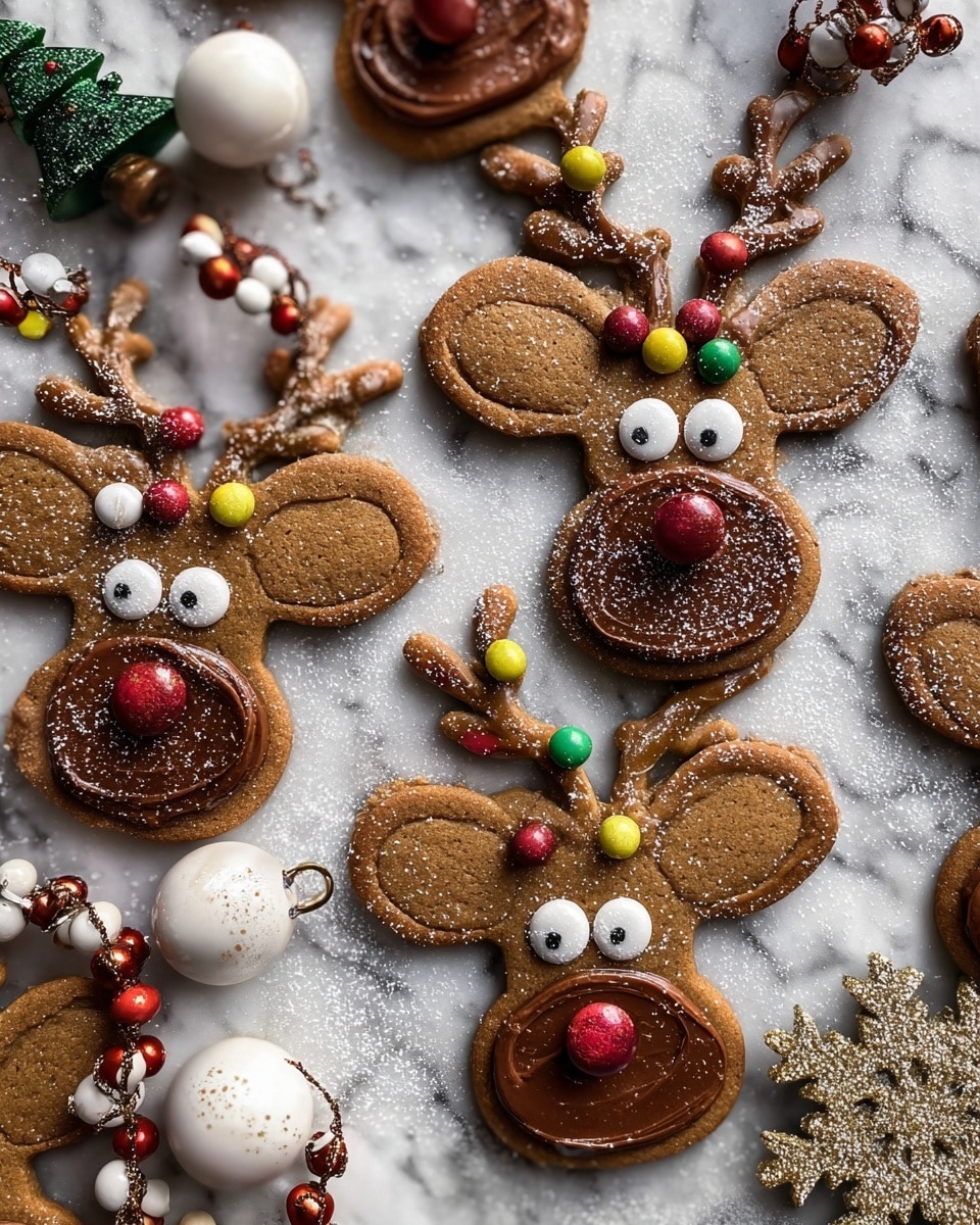 Several reindeer-shaped gingerbread cookies are arranged on a wooden board dusted with powdered sugar. Each cookie has three layers: the base layer is light brown gingerbread dough, the middle layer is smooth milk chocolate covering the face area, and the top layers are white candy eyes and dark chocolate antlers decorated with small round colorful candies in red, yellow, green, and gold. There are also small chocolate noses and some cookies have gold shimmer dust on parts of the face and antlers. The scene includes white Christmas ornaments with red and white stripes, a small green Christmas tree, and a large gold glitter snowflake, all set on a white marbled surface dusted with powdered sugar. photo taken with an iphone --ar 4:5 --v 7