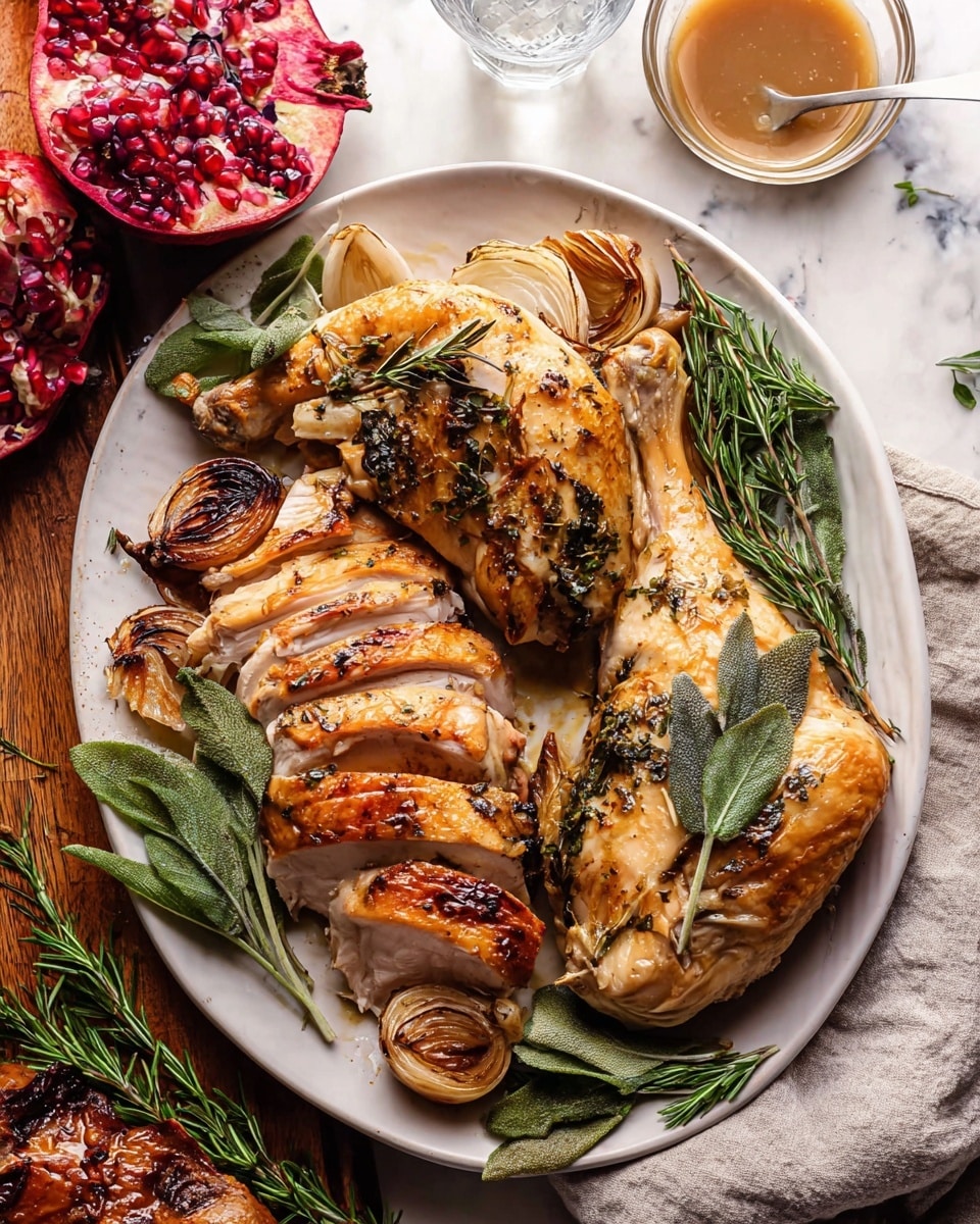 A white ornate plate holds a carved roasted chicken arranged in three parts: the upper right quarter is a leg with crispy brown skin and herbs on top, the middle section is breast slices with golden-brown grilled marks layered neatly and topped with dark green fried sage leaves, and the bottom left quarter has thick pale slices of white meat with herbs and fried sage leaves scattered on it. Around the chicken on the plate are roasted onion halves with browned edges and sprigs of fresh rosemary. To the left of the chicken is a bright red pomegranate half with shiny seeds visible, and part of a beige bowl with brown gravy and a fried sage leaf is at the top left corner. The plate sits on a white marbled textured surface with a gray cloth napkin at the bottom right. photo taken with an iphone --ar 4:5 --v 7