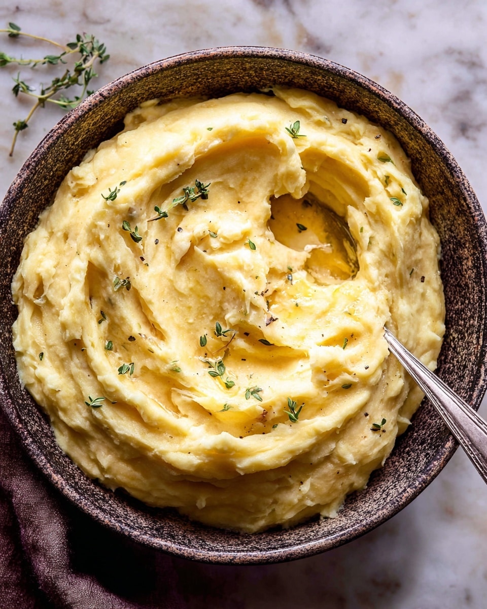 A close-up of creamy mashed potatoes swirled smoothly inside a rustic, speckled brown bowl. The mashed potatoes are pale yellow with a soft, fluffy texture, and the surface has a few small peaks and gentle folds. Fresh green thyme sprigs and a light sprinkle of black pepper decorate the top, adding pops of color and contrast. A silver spoon is partially embedded in the mash on the right side, showing some stretching, gooey texture. The bowl is resting on a soft brown cloth, and a woman's hand is gently holding the bowl at the bottom left corner, all placed on a white marbled surface. photo taken with an iphone --ar 4:5 --v 7