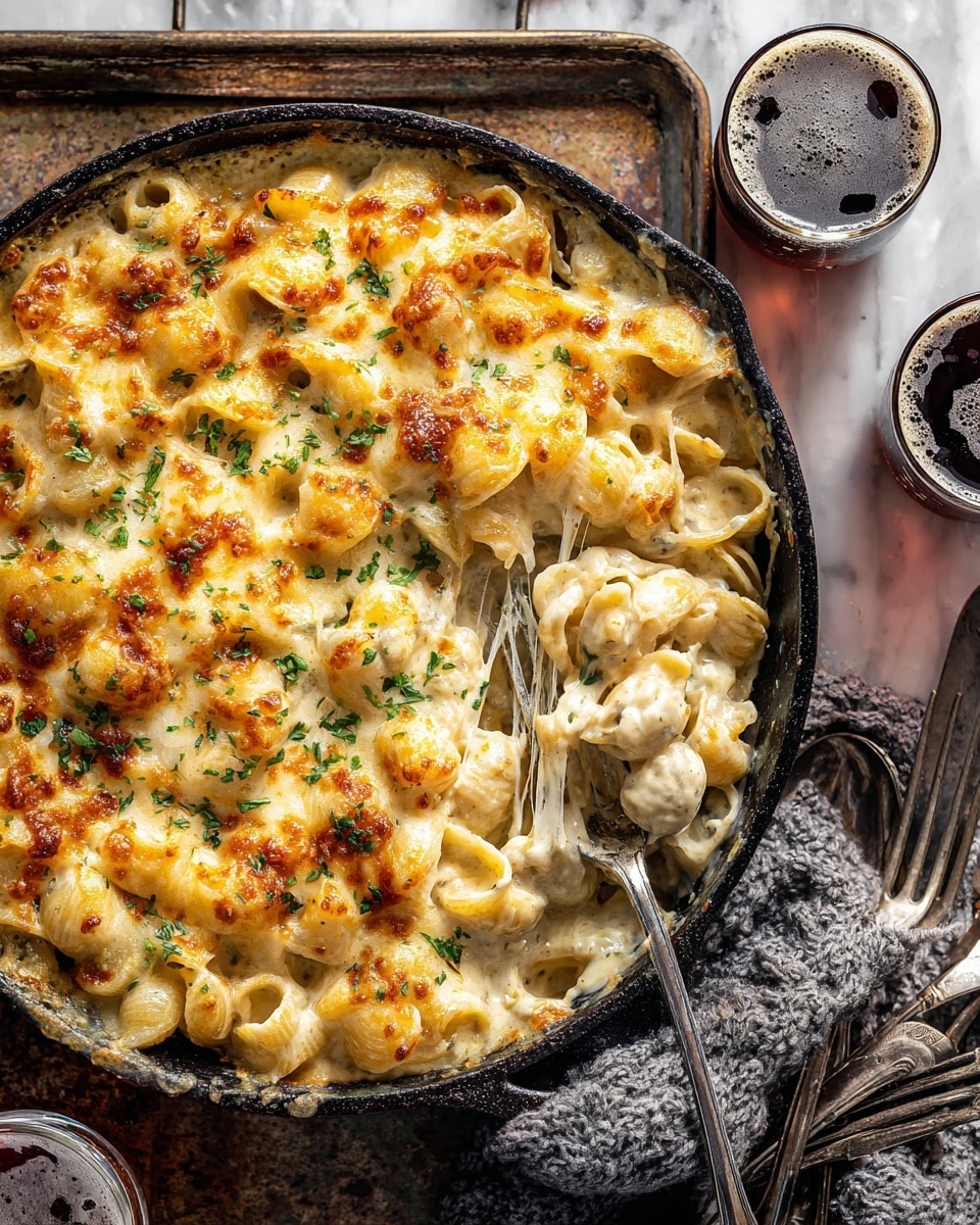 A close-up view of a baked pasta dish in a black cast iron skillet, placed on a rustic metal tray over a white marbled texture surface. The pasta includes small shell shapes covered by a creamy white cheese sauce that is golden brown and bubbly in spots, showing melted and slightly browned cheese on top. Fresh green herbs are sprinkled across the dish, adding color contrast, and a spoon is partially submerged in the thick mixture. Nearby, there are three vintage silver forks resting on the tray and soft, cozy gray knitted fabric visible to the right. Two glasses with a dark amber liquid sit on the white marbled texture surface beside the tray. Photo taken with an iphone --ar 4:5 --v 7