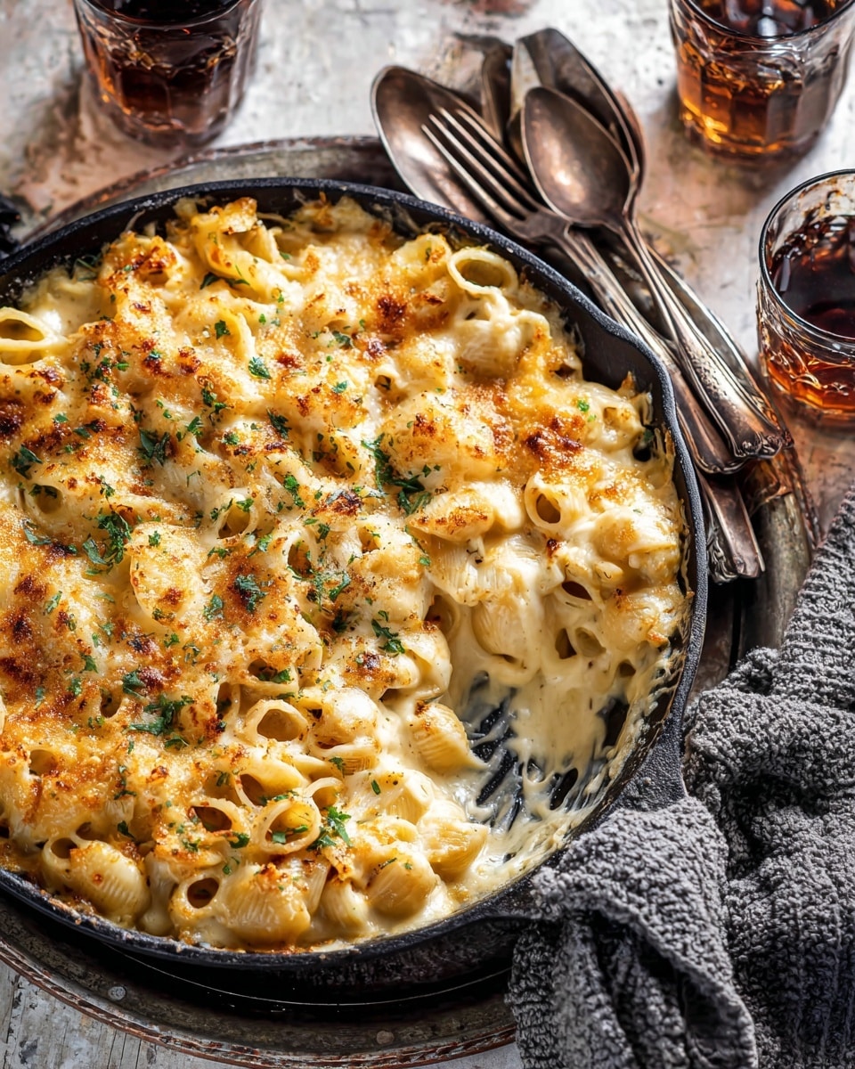 A close-up of a black cast iron skillet filled with baked pasta in creamy white cheese sauce, the pasta shaped like small tubes and shells covered in gooey, melted cheese with golden brown spots on top, sprinkled with finely chopped green herbs. The dish shows visible stretchy cheese being lifted by a spoon from the skillet, revealing layers of thick sauce and pasta underneath. The skillet rests on a rustic dark metal baking tray with a set of vintage silver forks and spoons beside it, all placed on a white marbled surface. Two glasses of dark beer can be seen at the edges, and a chunky knitted cream-colored blanket is nearby. Photo taken with an iphone --ar 4:5 --v 7
