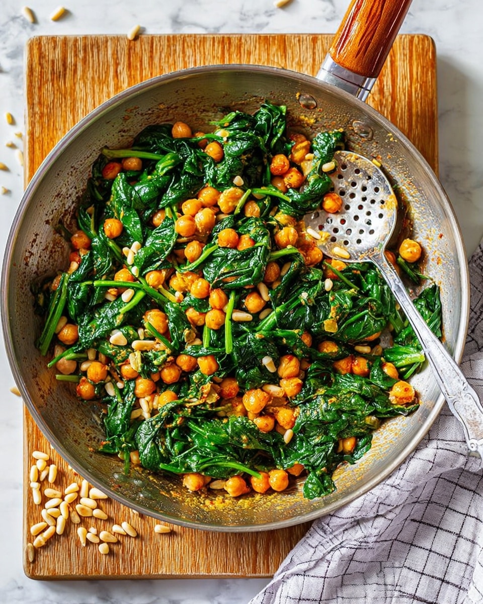 A skillet filled with a sautéed mix of chickpeas, bright green spinach leaves, golden raisins, and toasted pine nuts. The chickpeas are light brown and slightly shiny with a smooth texture, scattered evenly throughout the pan. The spinach leaves are fresh and vibrant, adding rich green color and a slightly wilted texture. The golden raisins add small pops of yellow-orange, while the pine nuts are light beige, scattered on top for an added crunch. A metal slotted spoon rests inside the skillet with a few ingredients on it. The pan is placed on a wooden board with a few pine nuts spilled around it, all set on a white marbled surface with a light-colored checkered cloth underneath. photo taken with an iphone --ar 4:5 --v 7
