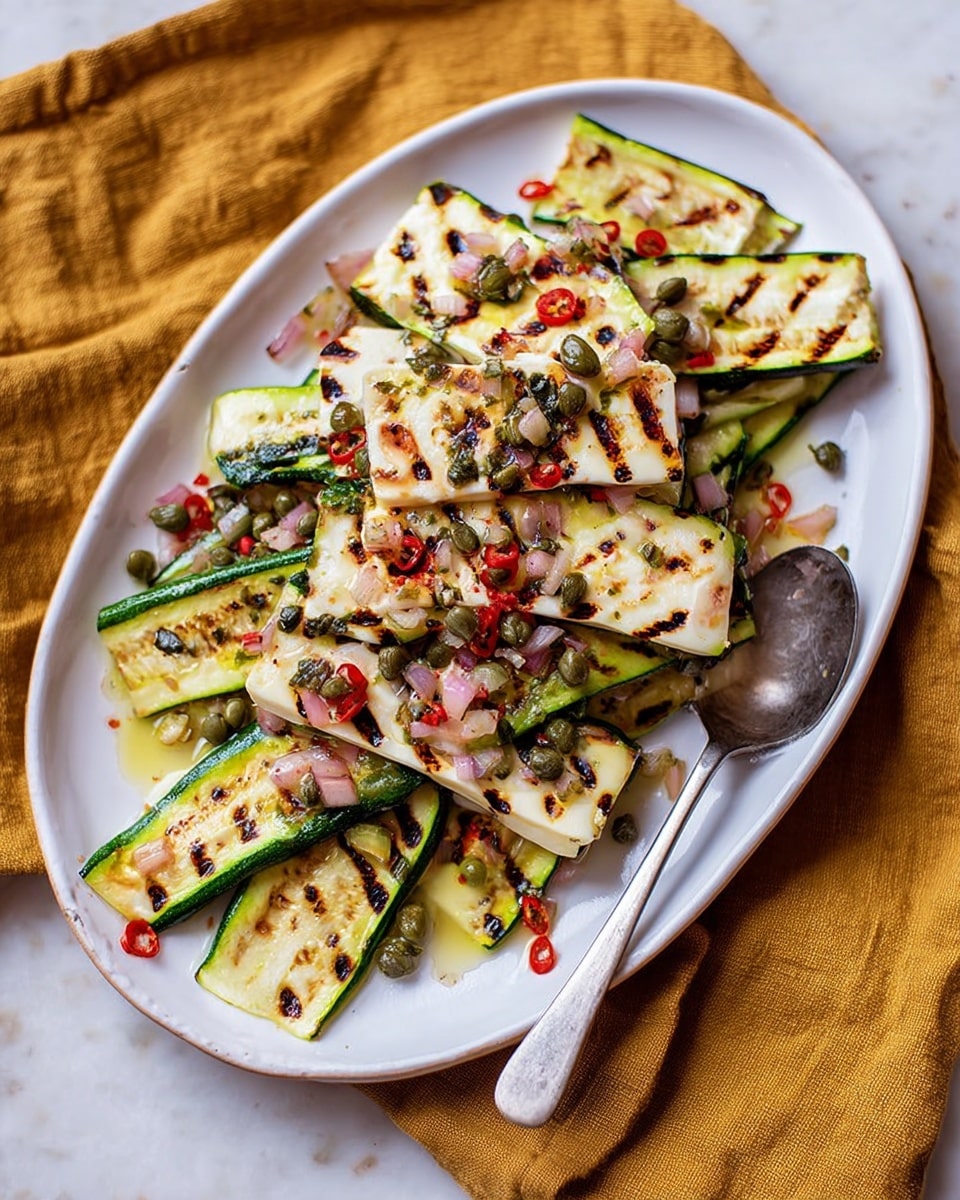 The image shows a white oval plate filled with grilled vegetables and cheese. There are about two layers: the bottom layer contains long, green zucchini slices with clear grill marks, and the top layer consists of white, slightly charred cheese slices also with grill marks. Both layers are sprinkled with small red chili pieces, green capers, and finely chopped white onion, giving a colorful and textured look. A silver spoon rests on the right side of the plate, partially under some zucchini. The plate is set on a white marbled surface. Photo taken with an iphone --ar 4:5 --v 7