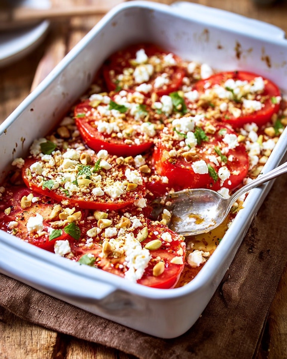 The image shows a white rectangular baking dish filled with layered sliced red tomatoes topped with crumbled white cheese, chopped nuts, and green herbs scattered evenly over the top. The tomatoes appear cooked and soft, while the cheese is slightly melted and golden in some spots. A silver spoon rests inside the dish, showing some of the ingredients beneath the surface. The dish is placed on a wooden surface with a rust-colored cloth nearby, while the background is a white marbled texture. photo taken with an iphone --ar 4:5 --v 7