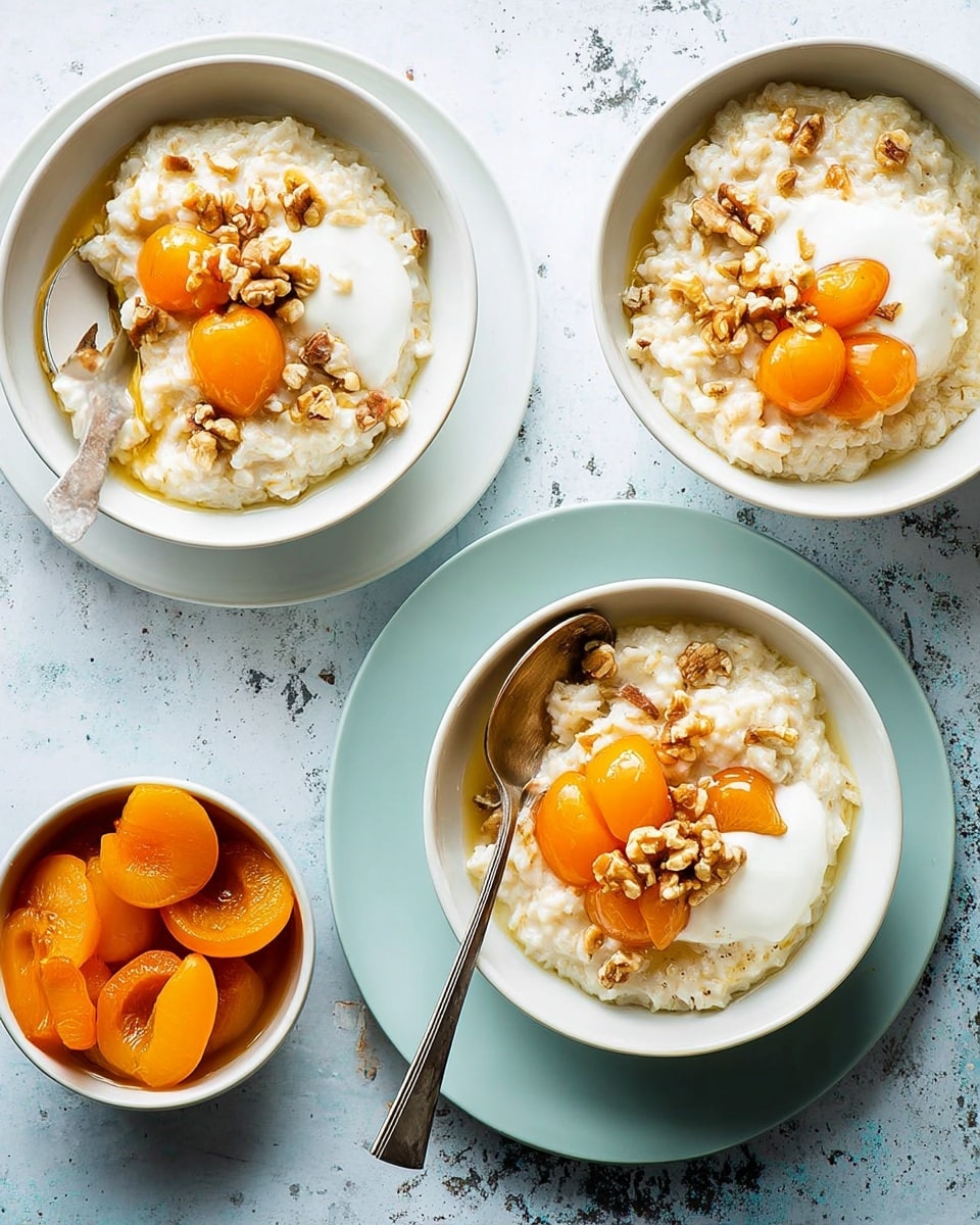The image shows three bowls of creamy white rice pudding topped with dollops of white yogurt, orange apricot slices, and scattered brown walnut pieces. Each bowl rests on a smooth white round plate. Near the bowls, there is a small white bowl filled with shiny apricot slices in syrup. Two silver spoons are present, one inside a bowl and one resting on a plate. The scene is set on a bright white marbled surface that contrasts with the warm colors of the food. Photo taken with an iphone --ar 4:5 --v 7