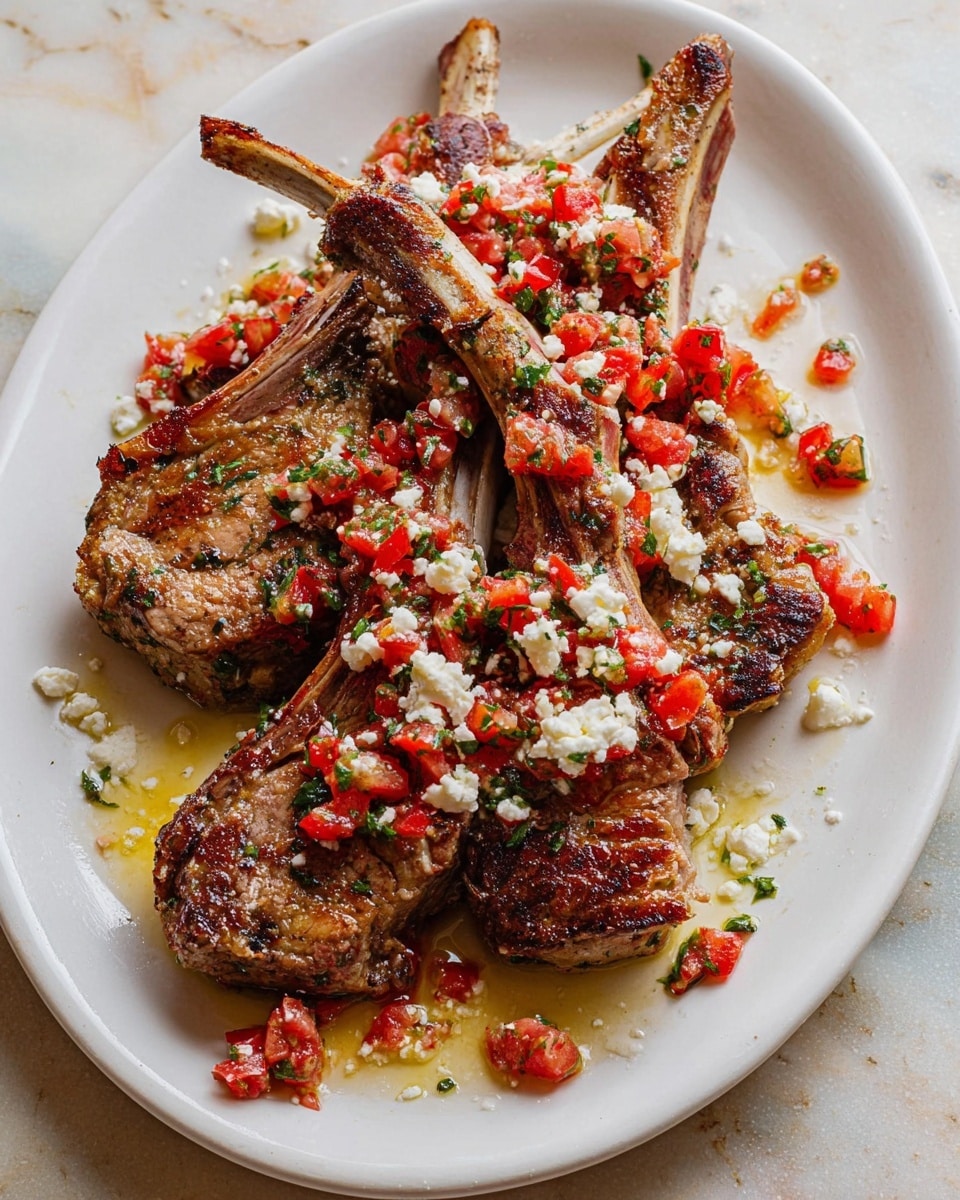 A white oval plate holds a stack of five grilled lamb chops arranged in a slightly overlapping manner. The lamb chops are golden brown with visible char marks and juicy texture. On top and around the lamb chops, there is a chunky topping made of white crumbled cheese mixed with small diced bright red tomatoes and sprinkled with green herbs. A light drizzle of oil adds a subtle shine to the dish. The plate is set on a surface with white marbled texture. Photo taken with an iphone --ar 4:5 --v 7