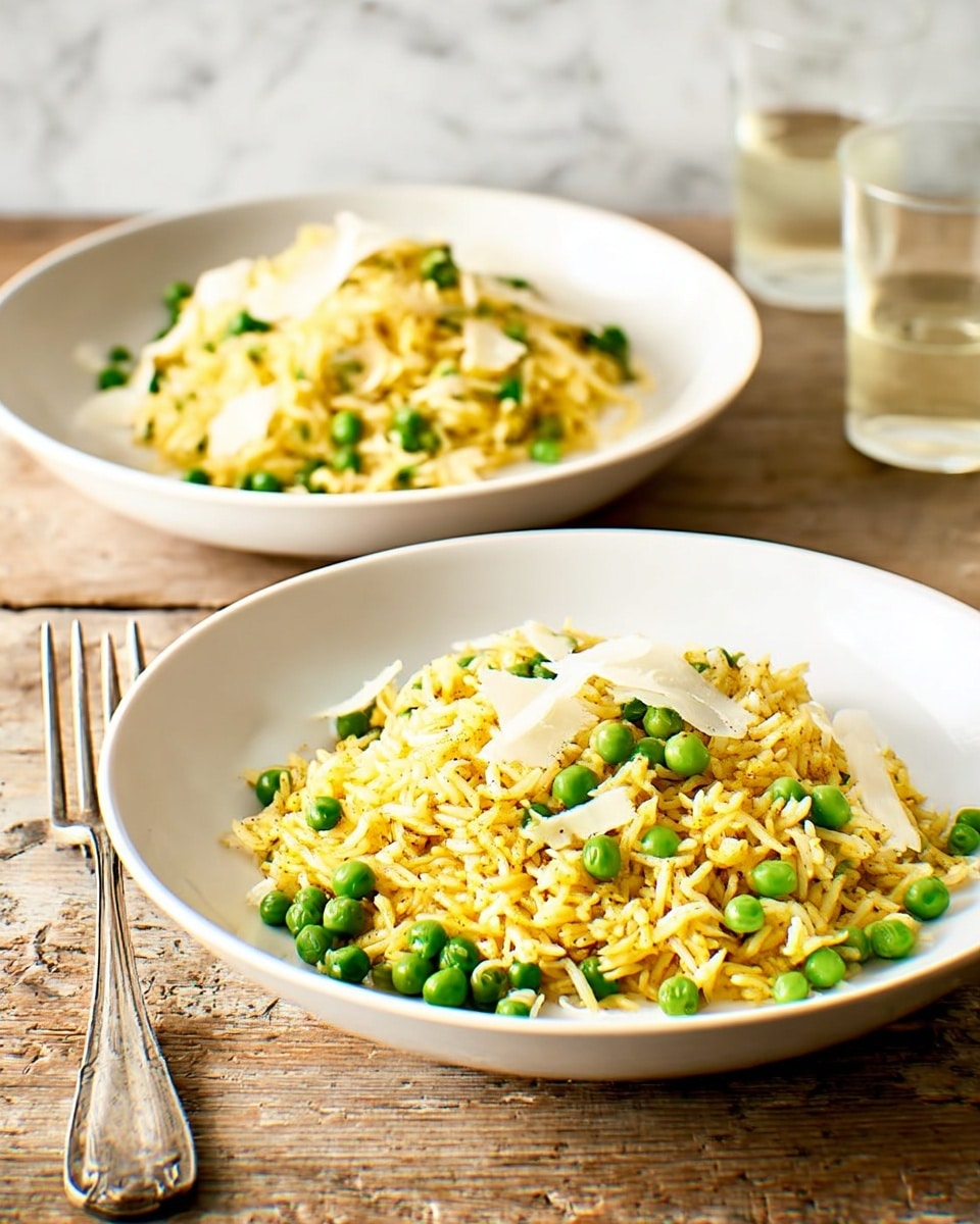 Two white plates with a thin dark rim hold a serving of yellow rice mixed with green peas and topped with thin white slices of a soft ingredient, likely coconut or cheese. Each plate shows a rough texture of fluffy yellow rice grains combined evenly with bright green peas scattered throughout, with the white slices placed on top irregularly. The plates rest on a rustic wooden table, and a silver fork is positioned on the lower plate's edge. A glass filled with a light drink is visible in the background, all set against a white marbled texture surface. photo taken with an iphone --ar 4:5 --v 7