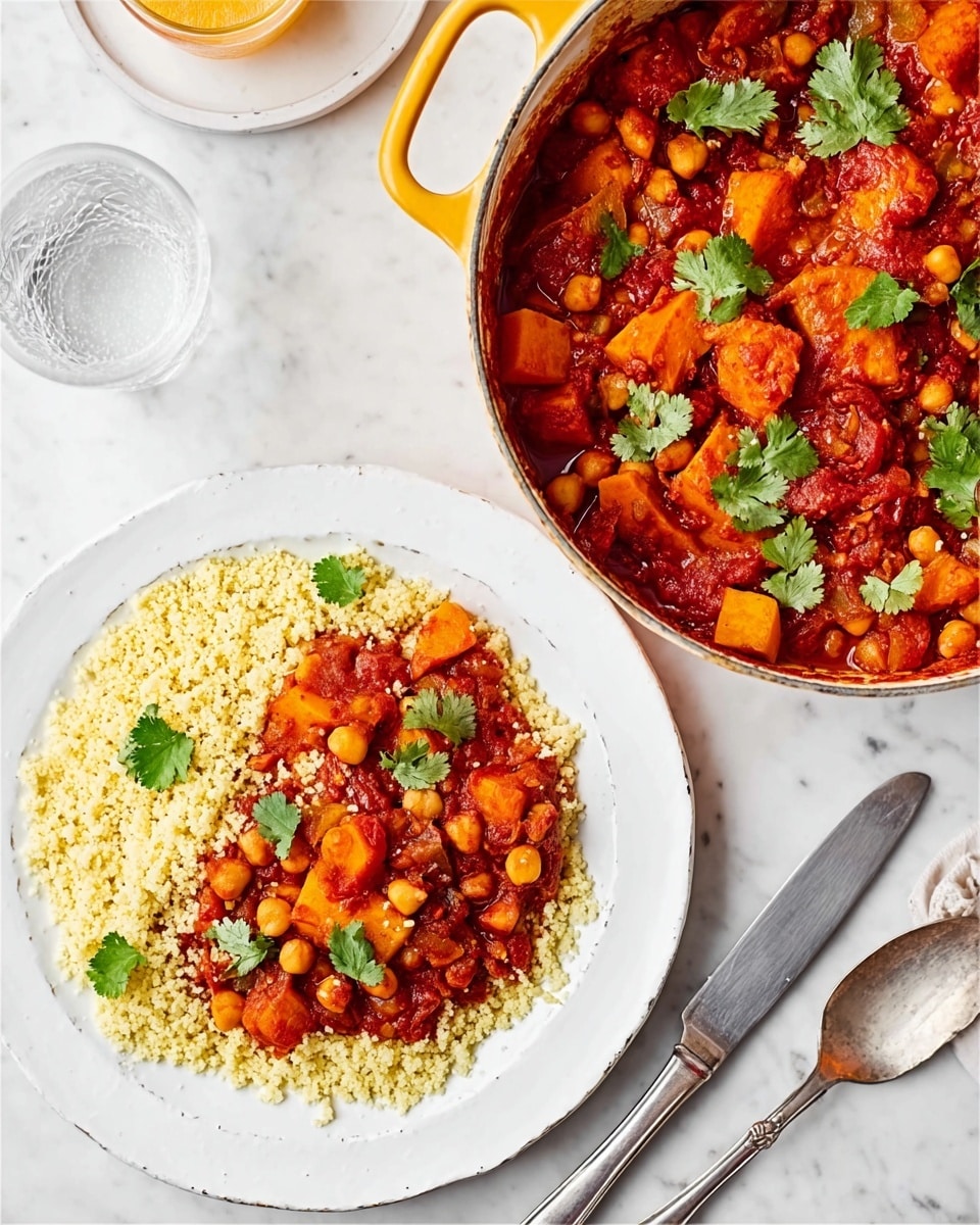 The image shows a white plate with a base layer of light yellow couscous that has a soft, fluffy texture, topped with a thick, chunky red stew containing chickpeas and large pieces of orange sweet potato. On the stew, there are small bright green cilantro leaves as garnish. Beside the plate, there is a white pan filled with more of the same red stew and garnished with cilantro leaves, placed on a white marbled surface. Cutlery with white handles and a glass of water and a glass with a light yellow drink are nearby. Photo taken with an iphone --ar 4:5 --v 7