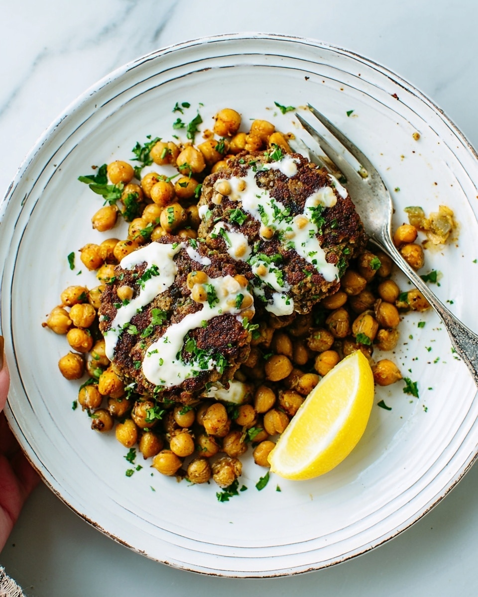 A white plate holds a dish with two dark brown meatballs placed in the center. The meatballs are topped with white sauce and small green herb pieces. Around the meatballs are light brown cooked chickpeas scattered on the plate. To the right side of the plate is a small wedge of lemon. A silver spoon lies on the plate near the lemon. The background surface has a white marbled texture with a red and white checked cloth partially visible near the top right. Photo taken with an iphone --ar 4:5 --v 7