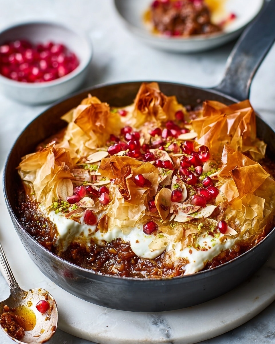 The image shows a round black baking dish filled with a layered pie. The top layer is golden brown, flaky pastry that is unevenly folded in places, creating textured peaks and valleys. Scattered over this top are slivered light tan almonds and bright red pomegranate seeds that add pops of color. Below the pastry, a rich, thick layer of dark brown, chunky filling can be seen where a portion is missing, revealing a mix of textures with visible small pieces. The dish rests on a round blue stone trivet, set on a white marbled surface. Nearby, there is a silver spoon with traces of the filling and a small white bowl filled with more red pomegranate seeds. Photo taken with an iphone --ar 4:5 --v 7