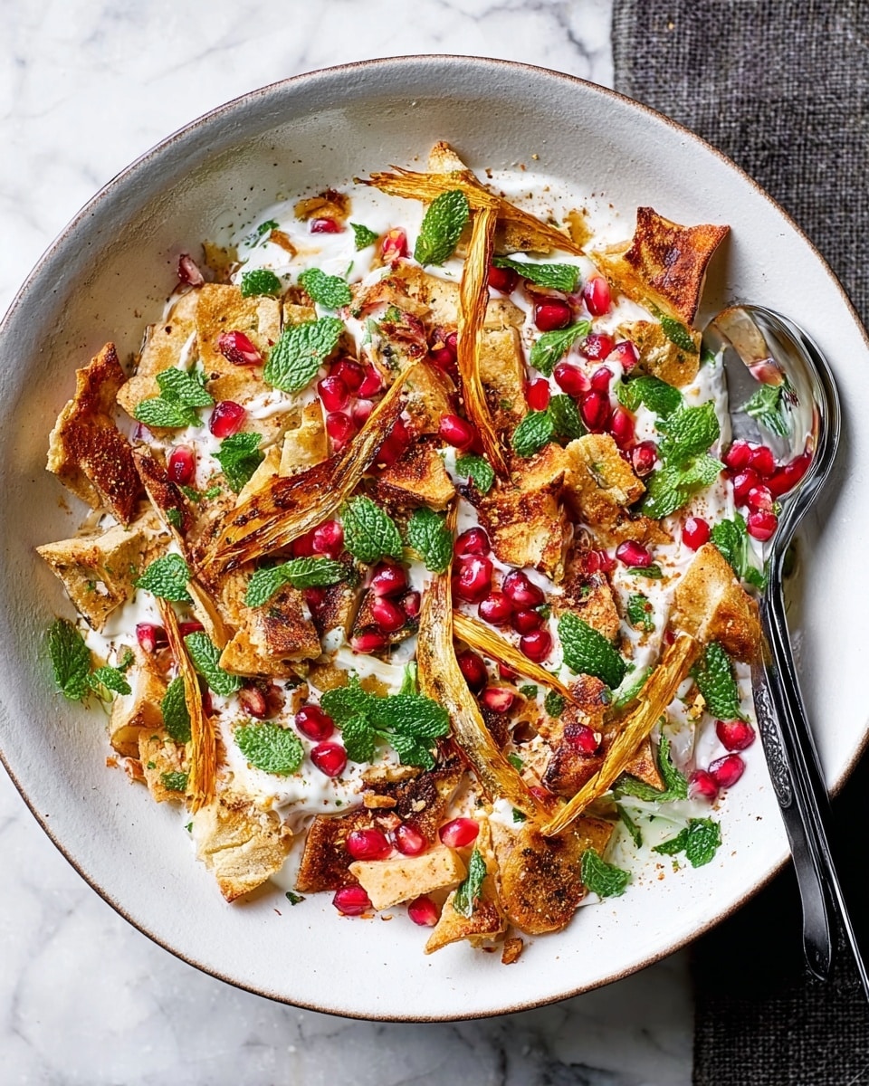 A white bowl filled with a colorful dish showing multiple layers and textures: the bottom layer is crispy golden-brown bread pieces, topped with creamy white yogurt drizzled unevenly, sprinkled with bright red pomegranate seeds and thin slices of red chili. There are also long, golden roasted potato sticks scattered around, fresh green mint leaves and chopped cilantro spread on top, adding bursts of color. A silver spoon and black chopsticks rest inside the bowl, placed on a white marbled surface. photo taken with an iphone --ar 4:5 --v 7