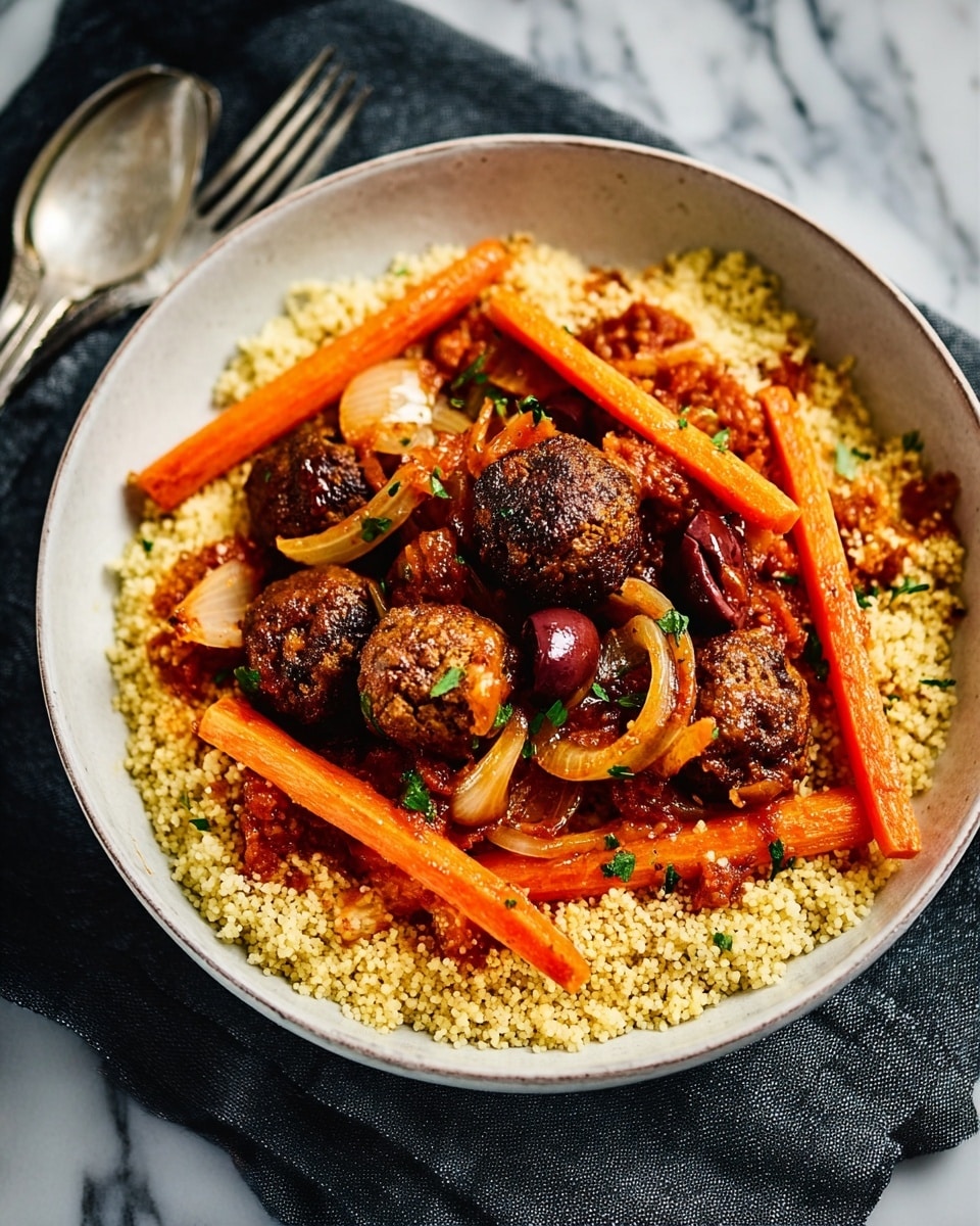 A white bowl filled with a base layer of light yellow couscous grains, topped with scattered pale beige chickpeas. On top, there are several dark brown seasoned meatballs and bright orange carrot sticks mixed with dark reddish sauce and small pieces of herbs. The bowl is placed on a white marbled surface with a dark blue napkin and silver forks beside it, with a green leafy salad bowl blurred in the background. Photo taken with an iphone --ar 4:5 --v 7