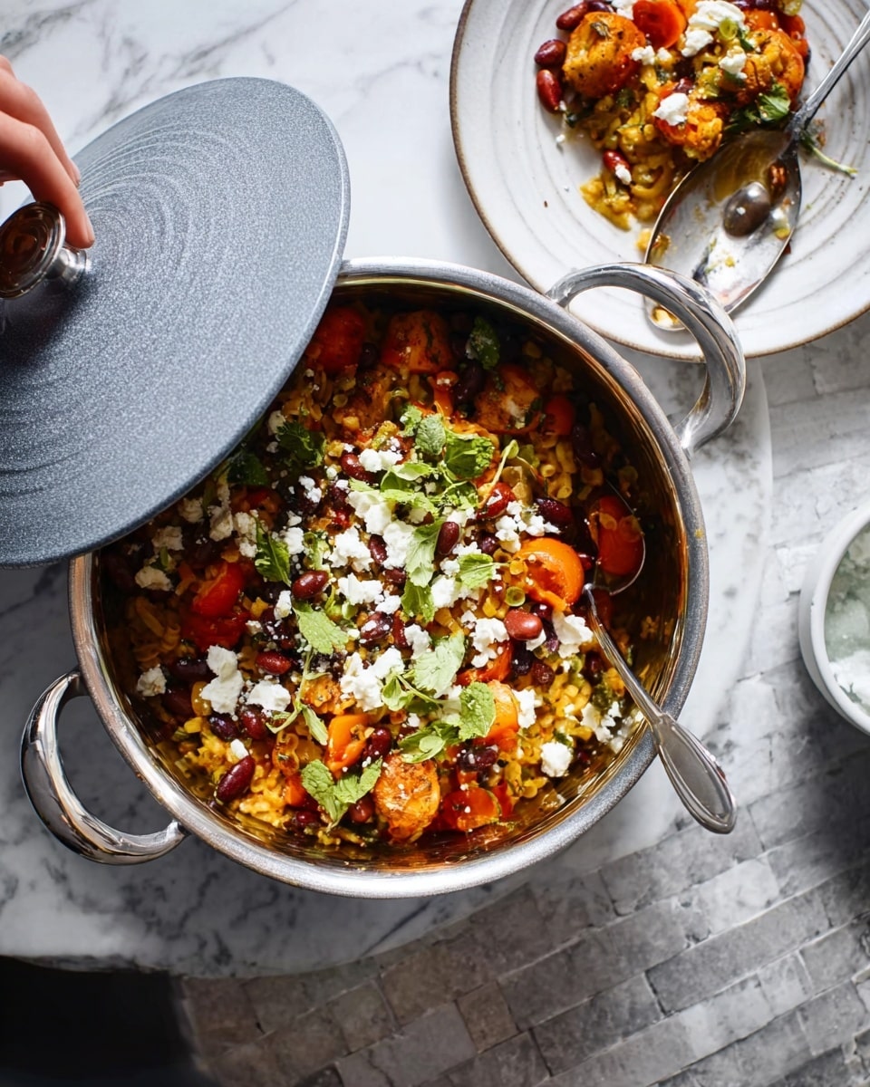 A round metal pot with a lid partly off shows a colorful dish inside, served on a white marbled surface. The dish has multiple layers: the bottom layer is yellow rice mixed with chickpeas, topped by pieces of browned chicken with an orange-red sauce, slices of cooked red bell pepper, and fresh green herbs scattered on top. There are also small white chunks, likely cheese, spread across the dish. On the right side on the white marbled surface, a large silver spoon holds a portion of the dish beside a white plate with some stew and a woman's hand nearby. photo taken with an iphone --ar 4:5 --v 7