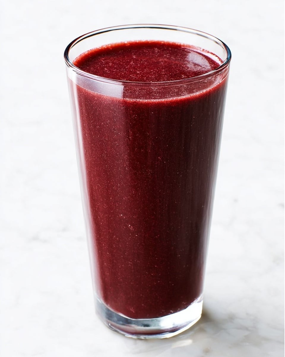A tall, clear glass filled almost to the top with a thick, deep red smoothie that has a slightly grainy texture visible through the glass; the smoothie fills the glass evenly, showing no separation or bubbles on the surface, all set against a white marbled background. photo taken with an iphone --ar 4:5 --v 7