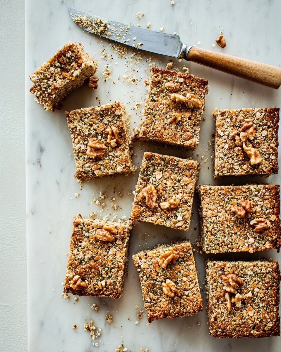 The image shows nine square granola bars placed on a white marbled surface. Each bar is golden brown with a rough texture and visible seeds and nuts embedded in the top layer, including pieces of walnut that add a textured pattern. The bars are arranged in a somewhat loose cluster, with one bar slightly pulled away from the group near the top left. A wooden-handled knife with a dark blade lies above the bars, positioned diagonally. Crumbs are scattered gently around the bars, giving a rustic, homemade feel. Photo taken with an iphone --ar 4:5 --v 7