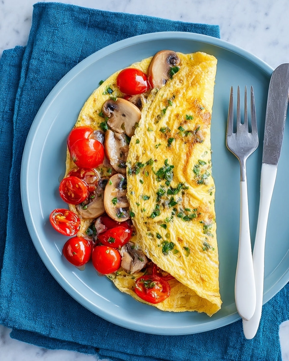 A folded omelette with a light golden-brown color and green herb flecks sits on a white plate. The omelette is filled with bright red cherry tomatoes, light brown sliced mushrooms, and a creamy filling visible with the opened side of the omelette. Beside the plate, there is a white fork and knife placed neatly, and a dark blue cloth napkin lies to the right on a white marbled surface. photo taken with an iphone --ar 4:5 --v 7