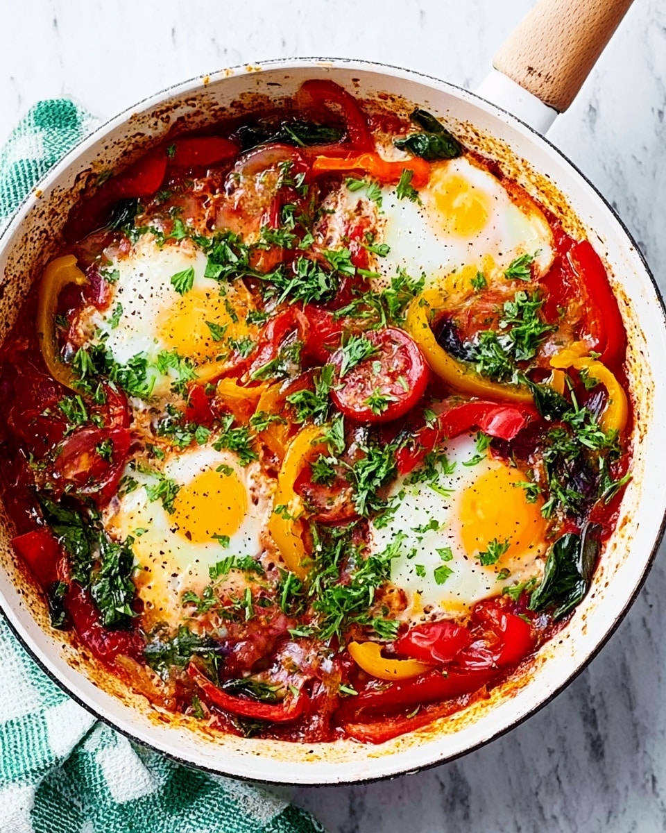 The image shows a large metal pan filled with a colorful cooked dish. There are three cooked eggs with soft, slightly runny yellow yolks visible, placed unevenly in the pan. Around the eggs, there are layers of sautéed red and yellow bell pepper strips, chopped green herbs, and wilted spinach mixed with small bright red cherry tomatoes. The edges of the pan show some golden-brown spots from cooking. The background is a white marbled surface, and a white cloth with green stripes can be seen near the pan. Photo taken with an iphone --ar 4:5 --v 7