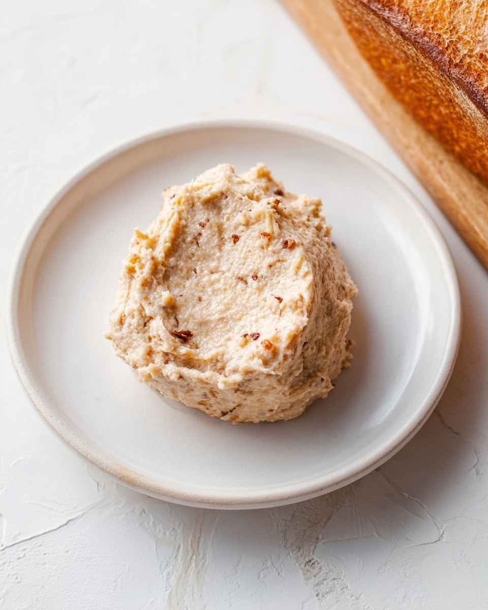 A small white plate holds a single scoop of light beige spread with visible small brown specks, giving it a slightly grainy texture. The spread looks creamy and thick, with uneven edges and a soft surface. To the right, part of a golden-brown loaf of bread with a crusty texture rests on the white marbled surface. The overall setting is bright and simple, emphasizing the spread and bread. photo taken with an iphone --ar 4:5 --v 7