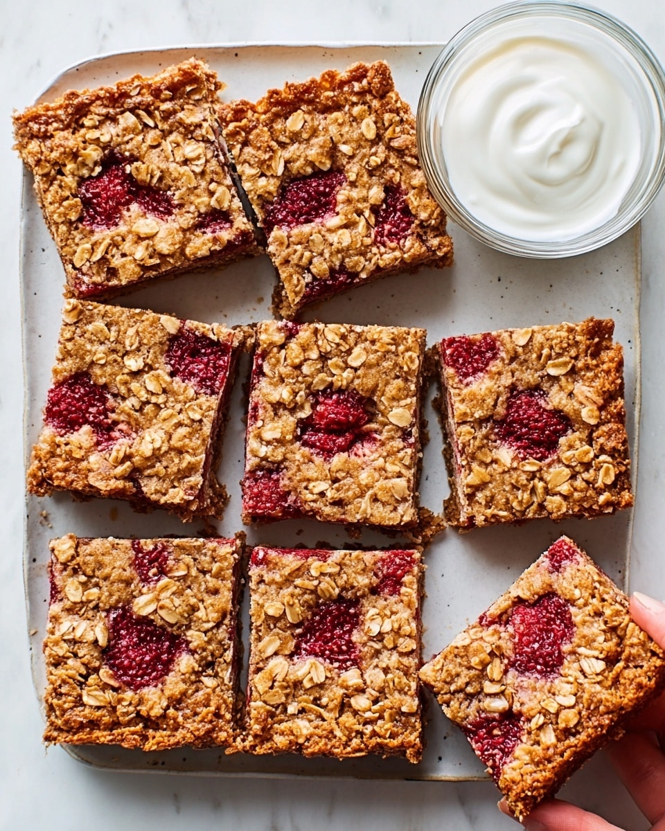The image shows nine square oat bars arranged closely on a white marbled surface. Each bar has a golden-brown crust made of oats, with bright red raspberry pieces embedded unevenly in the top layer. The oat texture looks crunchy, while the raspberry parts appear soft and juicy. A white bowl with a small amount of white cream or yogurt is visible on the right side, slightly blurred out. The bars are cut evenly, and one piece near the top has a woman's hand holding it, slightly lifting it up. Photo taken with an iphone --ar 4:5 --v 7