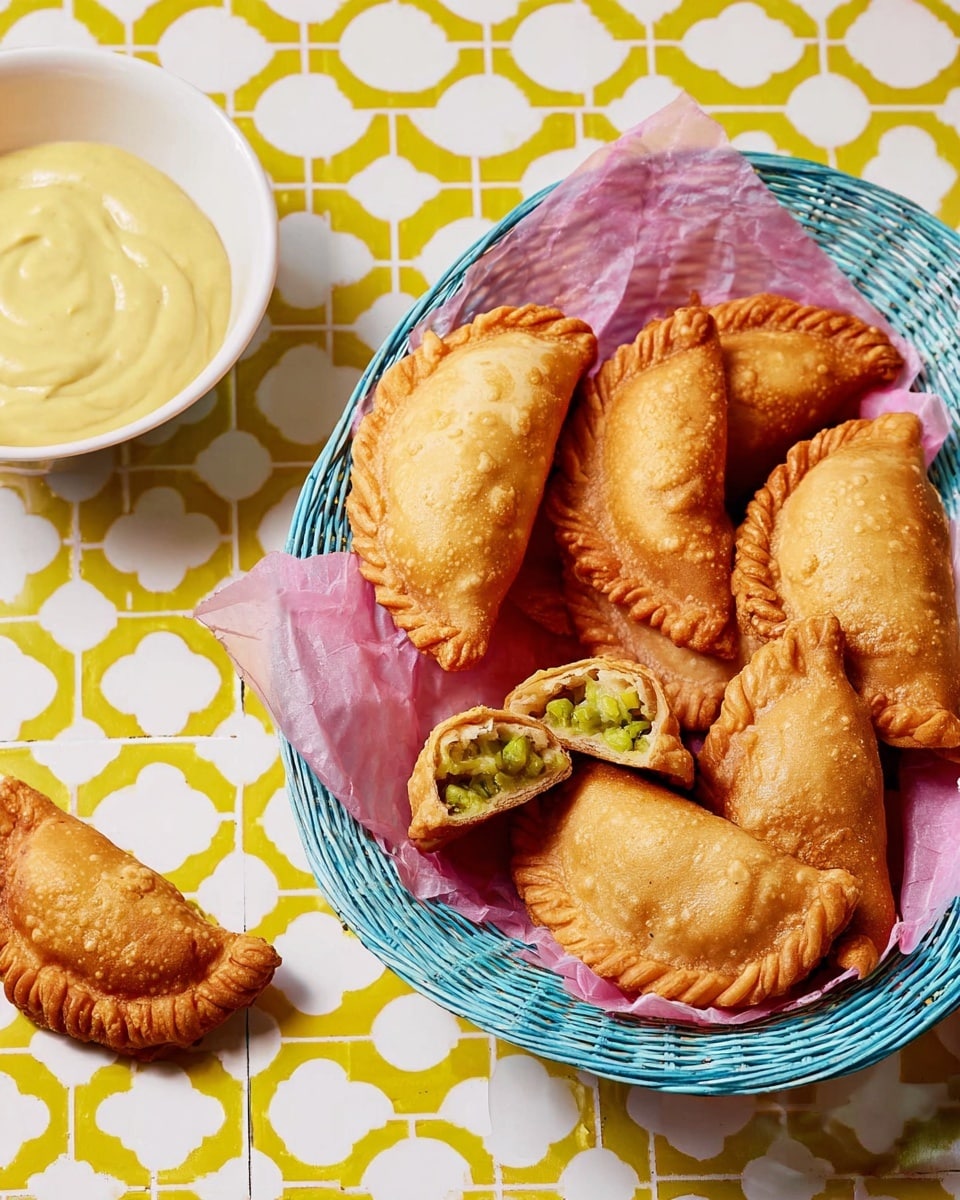 A white basket lined with pink paper holds several golden brown empanadas with a crispy, slightly bubbled crust and crimped edges, arranged haphazardly with two empanadas cut open on top revealing a filling of finely chopped green and yellow vegetables. Next to the basket is a white bowl with a pale yellow creamy sauce. The whole scene is set on a white marbled surface with a yellow geometric pattern in the background. photo taken with an iphone --ar 4:5 --v 7