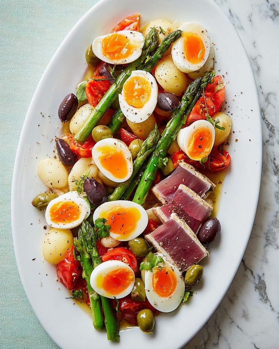 The image shows a white oval plate filled with layers of food arranged in a colorful, fresh way. The bottom layer includes small, round, white potatoes and sliced tomatoes in red and green shades. There are also dark purple olives scattered around. On top of this layer, bright green asparagus spears are placed diagonally across the plate. Several halved soft-boiled eggs with runny orange yolks are distributed evenly, adding contrast. Thin slices of seared tuna with a pink inside and white edges lie over some vegetables near the center. Small green caper berries with long stems are spread throughout the dish. The whole plate is lightly sprinkled with black pepper. The plate sits on a light green cloth that is on a white marbled surface. photo taken with an iphone --ar 4:5 --v 7