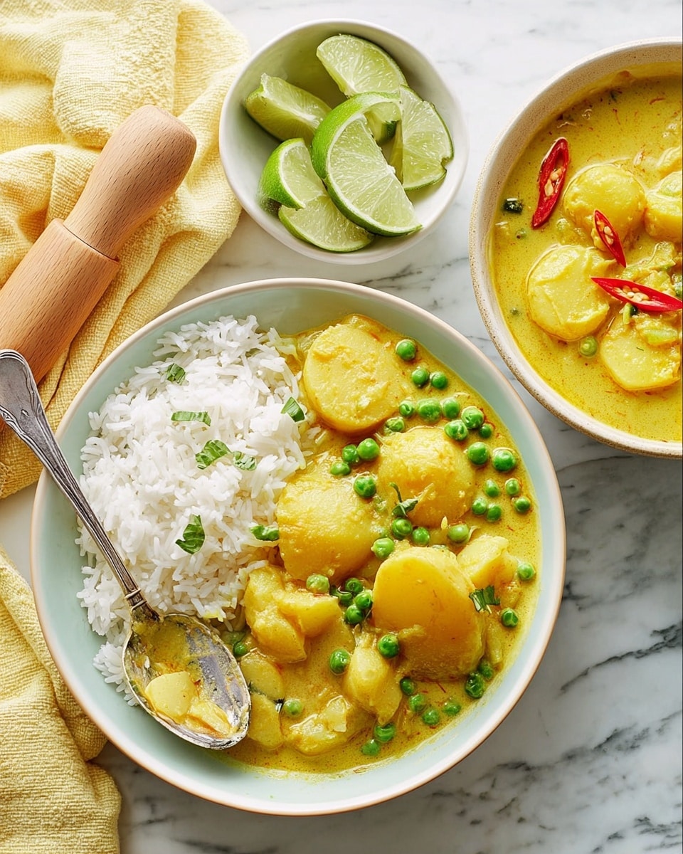 The image shows a white bowl filled with two layers: on the left side there is a layer of plain white rice that looks soft and fluffy, and on the right side a thick yellow curry with round potato slices and green peas, the curry has a creamy texture and some whole red chili peppers and bay leaves are visible. A silver spoon with some curry and potato is resting in the bowl. Nearby, there is a white bowl with lime wedges and a larger white dish containing more of the yellow potato curry, all placed on a white marbled surface with a yellow cloth and wooden rolling pin in the background. Photo taken with an iphone --ar 4:5 --v 7