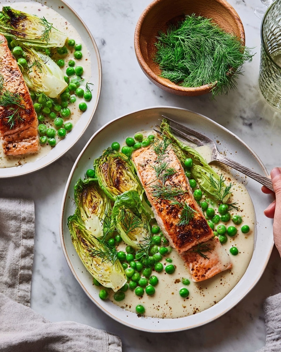 Two white plates each hold a cooked salmon fillet with a crispy, orange-brown top layer placed on the right side. Alongside the salmon, there are two sections of grilled green lettuce with a slightly charred texture. Bright green peas are scattered on and around the lettuce and salmon, covered partially by a creamy white sauce with small green herb sprigs sprinkled over the dish. The plates are set on a white marbled surface, with a small wooden bowl filled with fresh green herbs and a clear textured glass nearby. A silver fork rests on the upper plate, holding a few peas, photo taken with an iphone --ar 4:5 --v 7