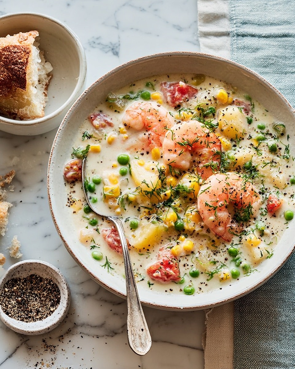 A white bowl filled with creamy soup that has visible ingredients like pink shrimp, yellow corn, green peas, small potato chunks, and finely chopped green herbs sprinkled on top. The soup is thick and off-white, with a silver spoon resting inside the bowl. The bowl sits on a white plate, both placed on a blue cloth on a white marbled surface. Next to the bowl, there is a broken piece of crusty bread and a small white bowl with black pepper. A glass of water is partially visible at the top right corner. photo taken with an iphone --ar 4:5 --v 7