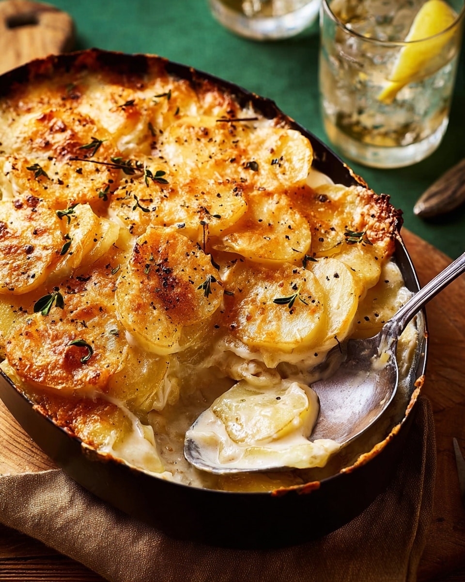 The dish is a baked gratin served in a black oval dish, featuring multiple layers of thinly sliced golden-brown potatoes with a creamy cheese sauce visible underneath the top layer. The top layer is crispy and browned with a slightly uneven texture, showing some caramelized spots and sprinkled with small fresh green herb leaves. A silver spoon rests inside the dish, partially revealing the creamy, white interior. The dish is placed on a white marbled surface with a brown cloth napkin on the left and a green cloth underneath the silverware on the right. Nearby are two clear glasses, one with a lemon slice and ice, along with gold-colored fork and knife. Photo taken with an iphone --ar 4:5 --v 7
