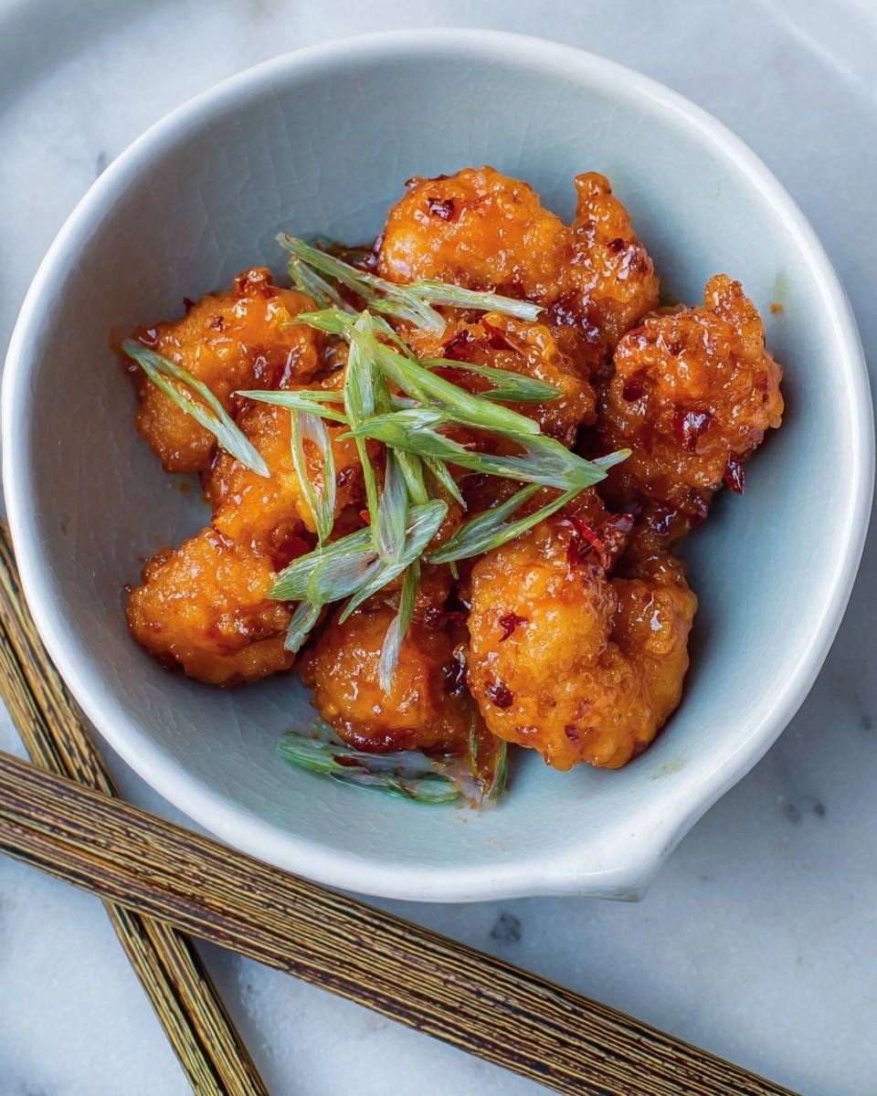 A white bowl filled with golden-brown fried shrimp coated in a shiny, sticky orange glaze, with small pieces of red chili and bright green chopped scallions sprinkled on top. The shrimp have a crispy texture with some curled and others slightly flat, piled closely together in the bowl. The bowl sits inside a larger white bowl on a white marbled surface, next to several light bamboo skewers arranged casually. photo taken with an iphone --ar 4:5 --v 7