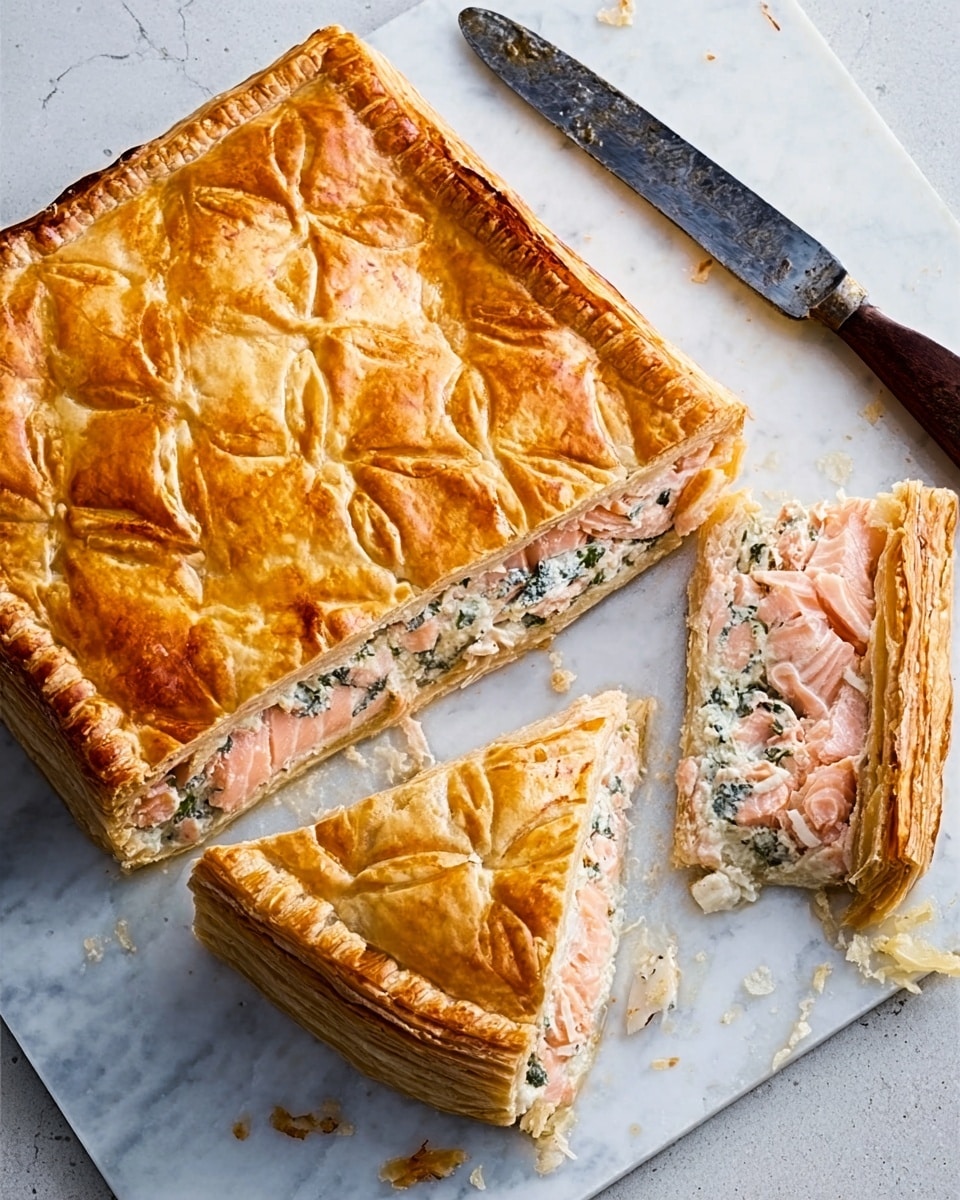 The image shows a square pie with a golden brown, shiny crust that has a scale-like pattern baked on top. One large slice is cut and lifted, revealing three layers inside: the outer crust, a layer of pink salmon, and a creamy white filling with green herbs. The pie and slices rest on a white marbled surface, with some crumbs and a large knife with a wooden handle nearby. A woman's hand holds the slice upwards, showing the layers clearly. photo taken with an iphone --ar 4:5 --v 7