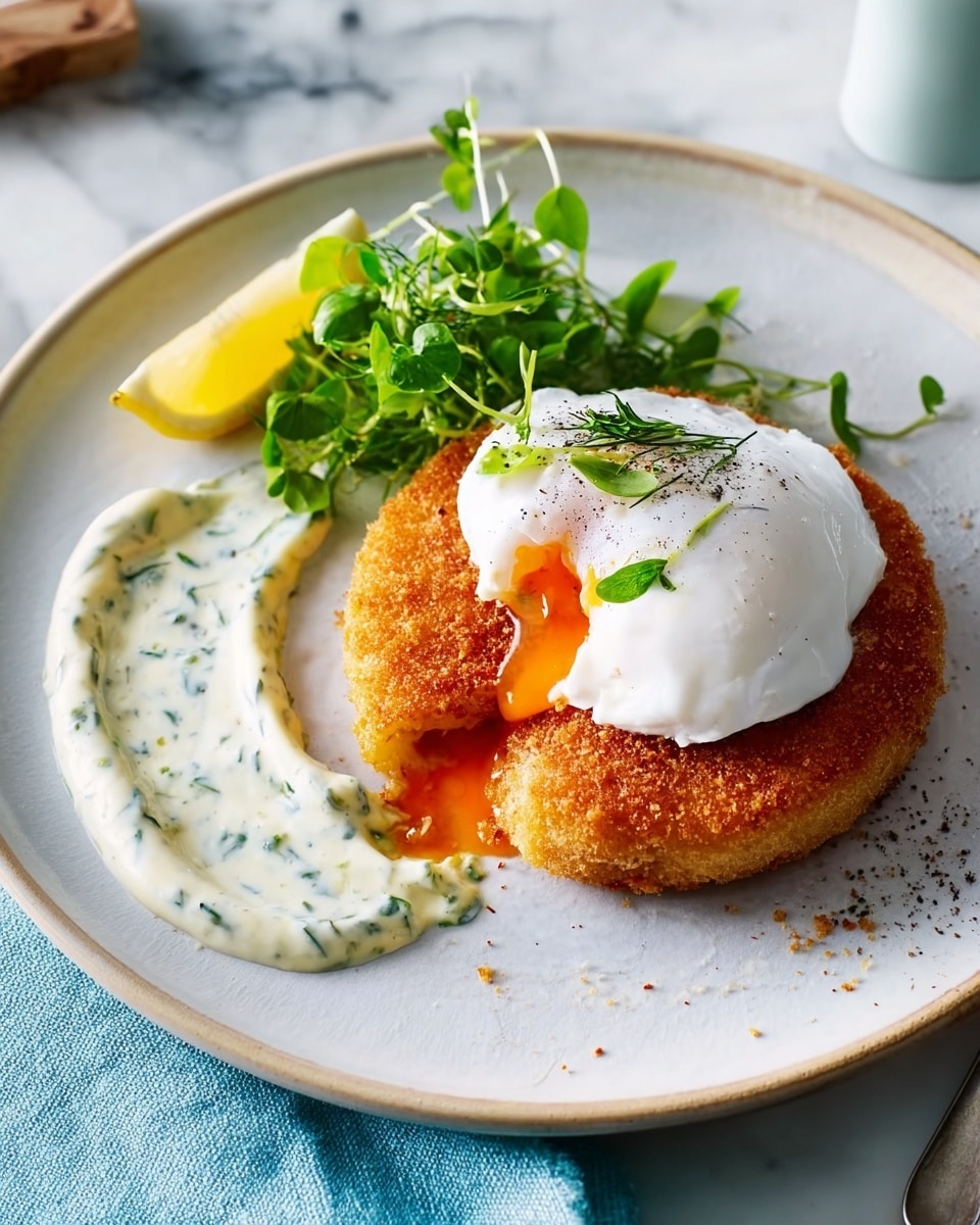 A round golden-brown crispy patty is placed slightly to the right on a white plate with a blue tint, topped with a smooth white poached egg that is softly melting and leaking bright orange yolk onto the patty. To the left of the patty, there is a small bunch of fresh green pea shoots and a wedge of bright yellow lemon. A generous amount of creamy white sauce with green dill herb flecks is spread in a curved shape on the right side of the plate. The plate rests on a white marbled surface with a folded blue cloth nearby. Photo taken with an iphone --ar 4:5 --v 7
