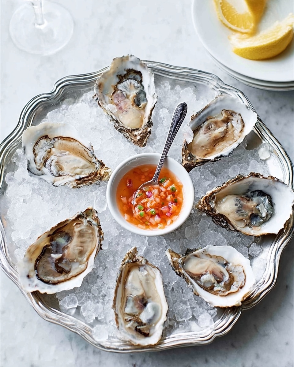 A silver tray filled with crushed ice holds seven opened oysters arranged in a circle around a small white bowl of orange and red sauce, with a small silver spoon resting inside the bowl; the oysters show a mix of creamy, beige, and dark gray tones inside their rough, textured shells. The tray is set on a white marbled surface, and part of a white plate with lemon wedges and sauce is visible in the top corner. Photo taken with an iphone --ar 4:5 --v 7