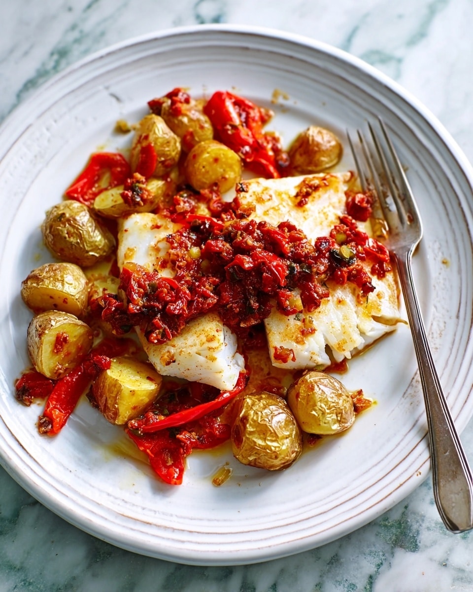 A white round plate holds a dish with two main layers: the bottom layer is made of small round golden-brown roasted potatoes mixed with bright red roasted peppers on the right side, both looking crispy and slightly oily. On top, there are two pieces of white fish fillet, slightly chunky and soft in texture, covered with a thick bright red chili sauce that has visible chili seeds and small bits of peppers scattered over the fish and potatoes. A silver fork is placed on the right edge of the plate, and the whole plate is set on a white marbled surface. photo taken with an iphone --ar 4:5 --v 7