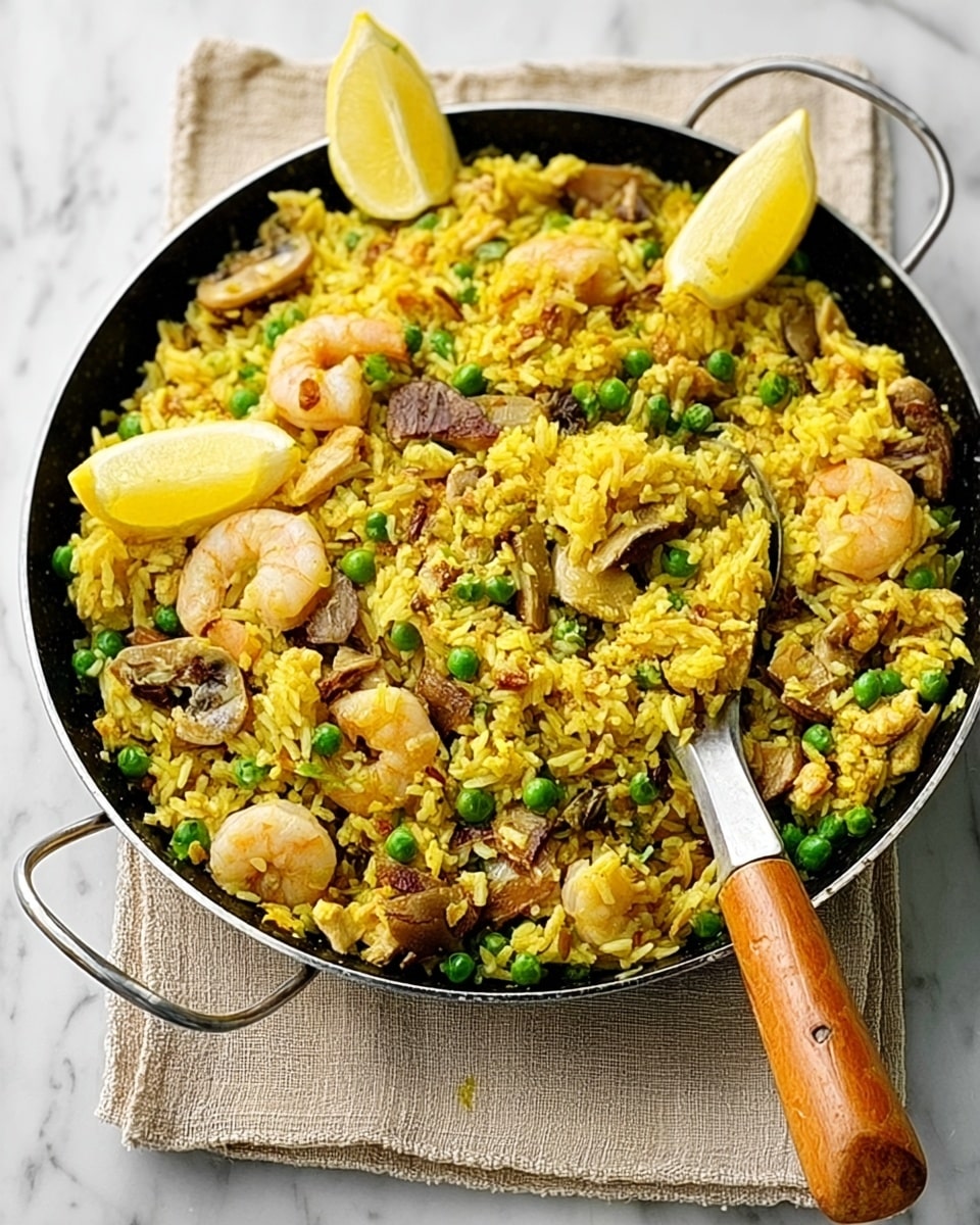 A large round black pan holds a vibrant yellow paella with four visible layers: the base layer is slightly moist yellow rice with hints of saffron, mixed evenly with green peas scattered throughout; the middle layer shows plump shrimp with pink and white colors, nestled alongside slices of brown mushroom and pieces of dark red sausage; the top layer has lemon wedges placed neatly on one side, adding a fresh, bright contrast; a metal spoon with a wooden handle rests inside the pan, ready to serve, all set on a textured yellow cloth on a white marbled surface. Photo taken with an iphone --ar 4:5 --v 7