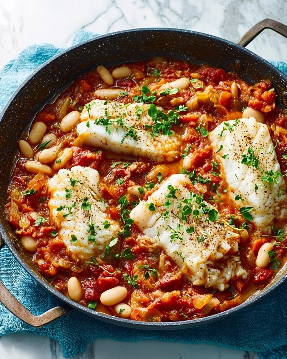 A black pan filled with three large pieces of white fish fillets on top of a chunky red tomato sauce mixed with white beans and small pieces of vegetables. The fish fillets are moist with a slightly glossy texture, sprinkled with bright green chopped herbs and a light dusting of black pepper. The pan rests on a blue cloth over a white marbled surface. In the lower left corner, a portion of a white plate with some beans is visible. photo taken with an iphone --ar 4:5 --v 7