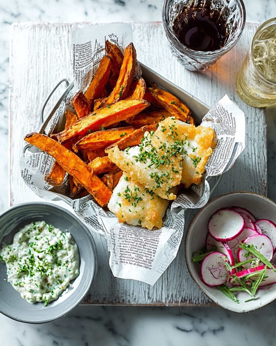 The image shows a white tray lined with newspaper containing three pieces of golden, crispy battered fish on the right side, garnished with small green herbs. On the left side of the tray, there are several orange sweet potato fries with some green garnish scattered on top. To the right of the tray, there is a small white bowl filled with a creamy green herb sauce. Also visible are a glass of dark drink with bubbles on the right, a glass bottle with light yellow liquid, and a salt shaker on a white marbled surface. A woman’s hand is holding a fork poking one of the fries lightly resting on the tray. photo taken with an iphone --ar 4:5 --v 7