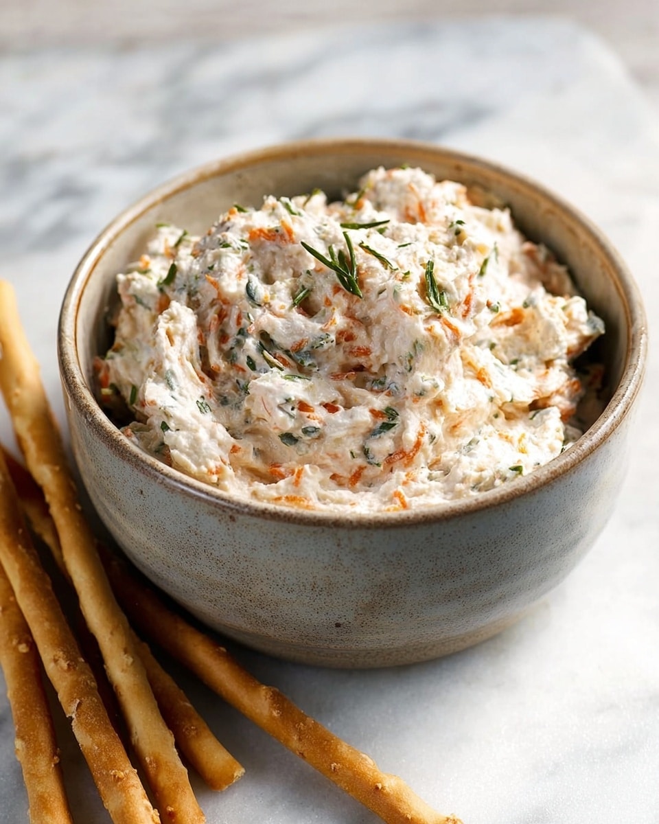 A close-up view of a light gray bowl filled with a creamy white dip that has small orange and green bits mixed throughout, giving it a textured look. The bowl sits on a white marbled surface with long, thin breadsticks leaning against its side and spread on the surface nearby. The dip appears thick and slightly fluffy, with visible small herb pieces scattered on top. Photo taken with an iphone --ar 4:5 --v 7