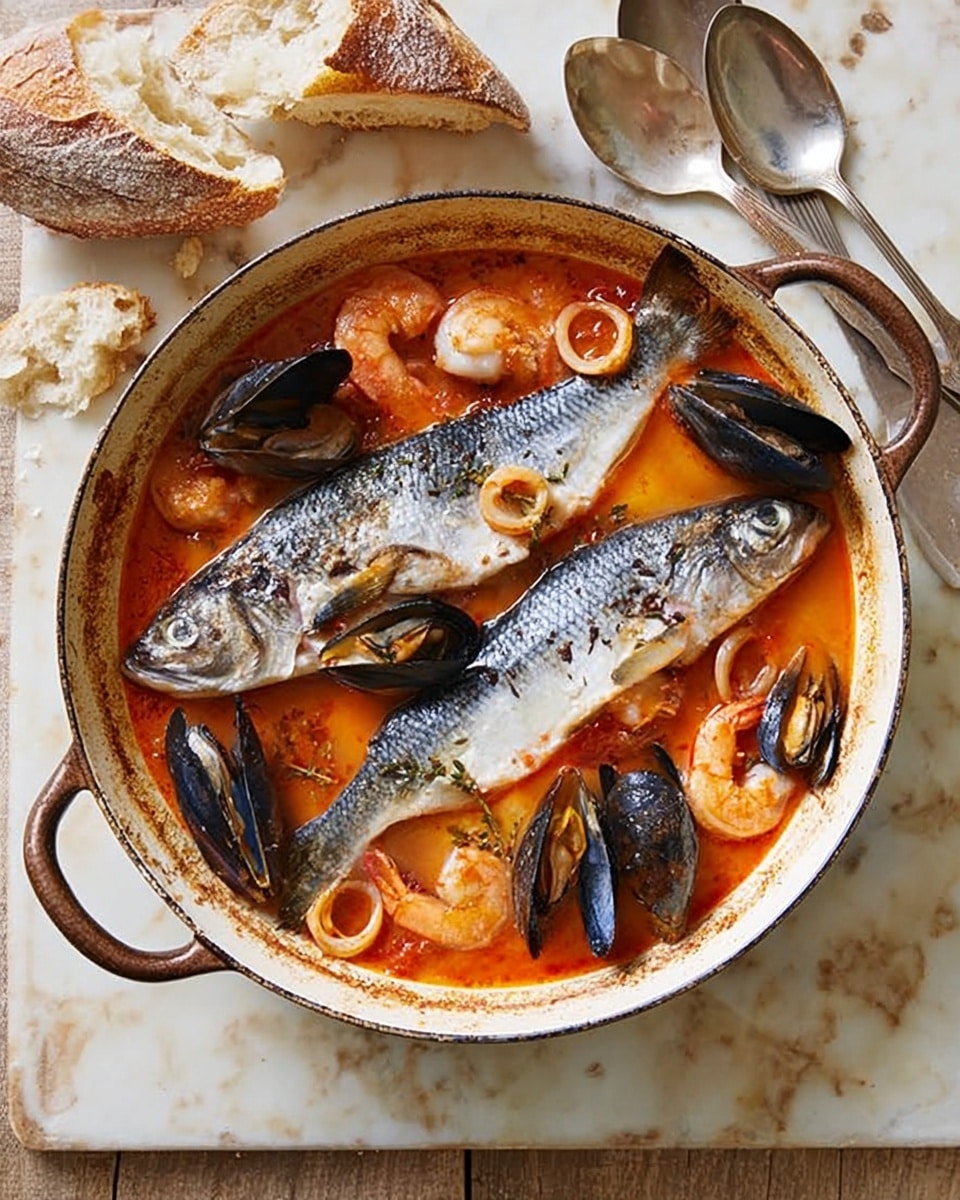 A rustic round pan with two metal handles holds a seafood stew. The dish has a rich red tomato broth as the base layer, filled with varied shellfish including whole mussels with black shells and curled orange shrimp. On top, two large silver fish fillets rest side by side, showing their shiny, slightly spotted skin. Surrounding these, yellowish pieces of squid add texture and color contrast. The pan sits on a white marbled surface, with slices of rustic crusty bread nearby and a stack of white spoons and forks to the left. photo taken with an iphone --ar 4:5 --v 7