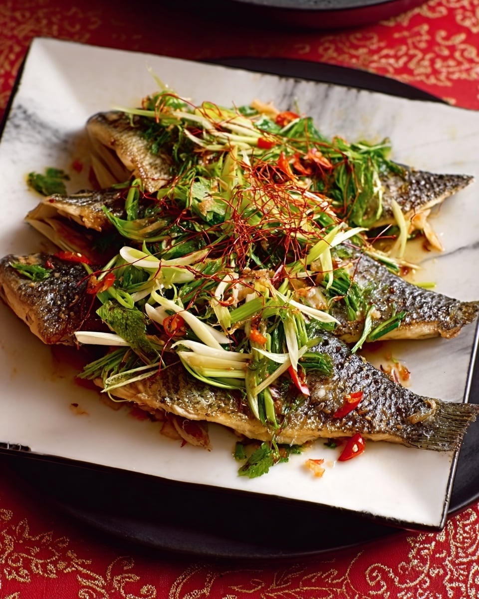 This image shows two pieces of cooked fish with crispy brown skin, placed on a black square plate. The fish sits on a flat surface, garnished with thin strips of green, white, and red vegetables, likely scallions and chili peppers, spread evenly on top. The fish fillets show a slightly shiny texture from cooking, and the garnish adds a bright, fresh contrast with soft, curled shapes and different colors. The plate is set on a white marbled background that enhances the colors of the dish. Photo taken with an iphone --ar 4:5 --v 7