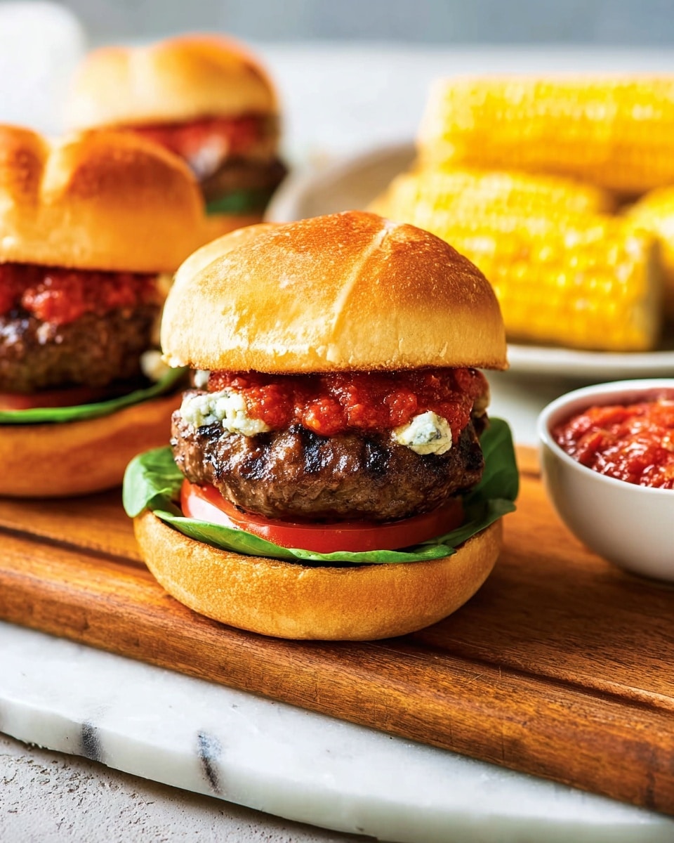 The image shows two homemade burgers on a light wooden board placed on a white marbled surface. Each burger has a soft, shiny golden brown top bun. Below the top bun, there is a layer of chunky red salsa, followed by a thick, juicy grilled beef patty with some melted cheese visible on the side. Beneath the patty, there is a slice of fresh, bright red tomato and a crisp green lettuce leaf resting on the toasted bottom bun. In the background, a white bowl filled with red chunky salsa and a white plate with grilled yellow corn on the cob are visible, adding a colorful and appetizing setting. photo taken with an iphone --ar 4:5 --v 7