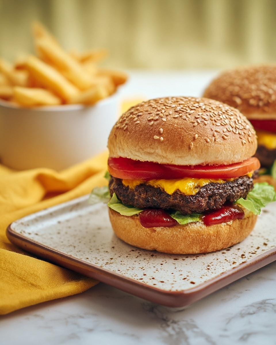 The image shows two small burgers on a speckled beige rectangular plate placed on a white marbled surface. Each burger has a soft, golden-brown sesame seed bun on top. Below the bun, there are two slices of bright red tomato, a thick, juicy, dark brown burger patty with melted yellow cheese peeking through, a fresh green lettuce leaf, and a layer of red ketchup on the bottom bun that is lightly toasted. In the background, there is a white bowl filled with golden French fries, blurred slightly to keep focus on the burgers. The whole scene has a warm light with a soft yellow backdrop. Photo taken with an iphone --ar 4:5 --v 7