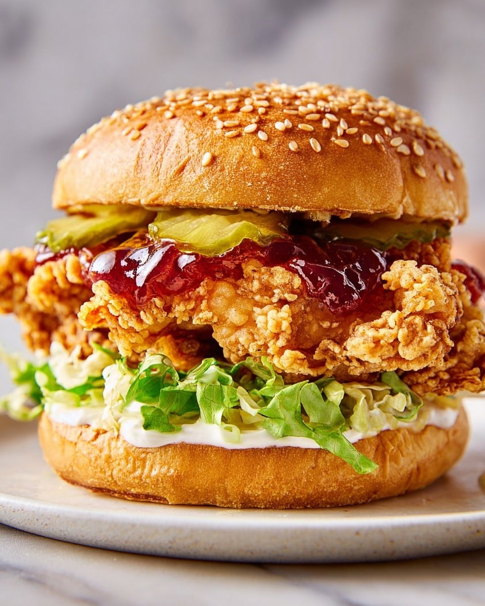 A close-up view of a fried chicken sandwich with five visible layers, starting from the bottom with a golden, toasted sesame seed bun, spread with a layer of white mayo sauce and topped with fresh, bright green lettuce leaves. Above the lettuce, there is a large, crispy, golden-brown fried chicken fillet with a crunchy texture. On top of the chicken, several green pickles are layered, and a shiny, dark red jelly-like sauce is spread generously beneath the top bun, which is also a toasted sesame seed bun with a warm, golden color. The sandwich is placed on a white plate on a white marbled textured surface. photo taken with an iphone --ar 4:5 --v 7