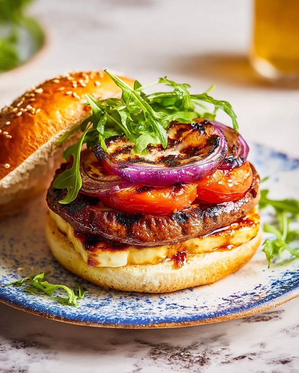 A sandwich open-faced on a white plate showing multiple layers: the bottom layer is a golden toasted bun with melted yellow cheese, next a white grilled halloumi slice with brown grill marks, followed by thick slices of grilled red onion rings with caramelized edges, then bright red roasted bell pepper strips, and on top a large, juicy, charred portobello mushroom cap garnished with fresh green arugula leaves; the top bun with sesame seeds is placed slightly behind the sandwich, all set on a white marbled surface with some scattered arugula nearby. photo taken with an iphone --ar 4:5 --v 7