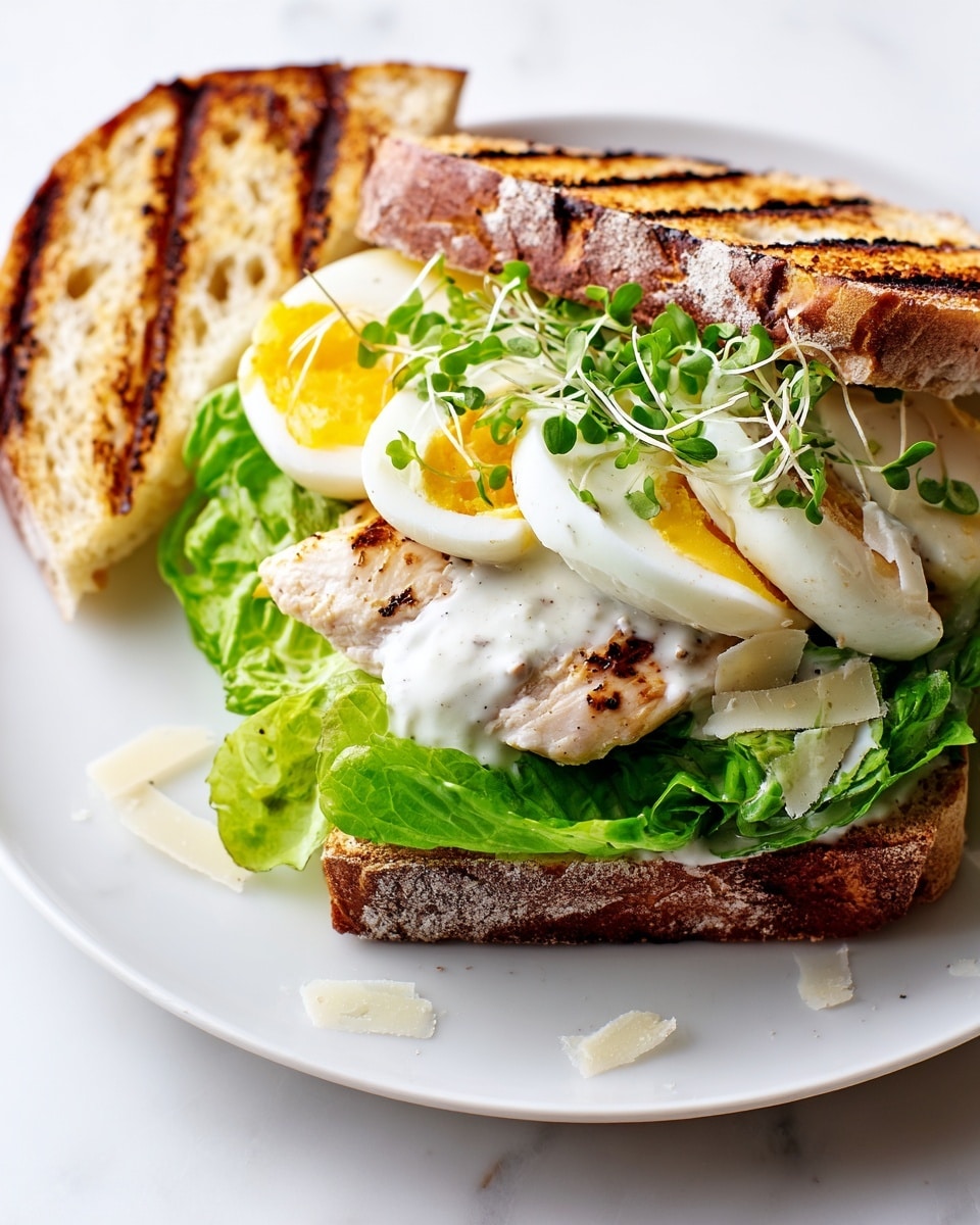 A sandwich open-faced on a white plate, showing three layers: the bottom layer is a toasted sandwich bun with dark brown grill marks, the middle layer has bright green fresh lettuce leaves, and the top layer consists of a grilled chicken breast with golden brown edges covered with a white creamy sauce, thin white cheese slices, and small green sprouts scattered on top. Half a boiled egg with a yellow yolk is placed under the lettuce and chicken on the left side. A few loose white cheese slices and green sprouts are on the plate around the sandwich. The background is a white marbled texture. photo taken with an iphone --ar 4:5 --v 7